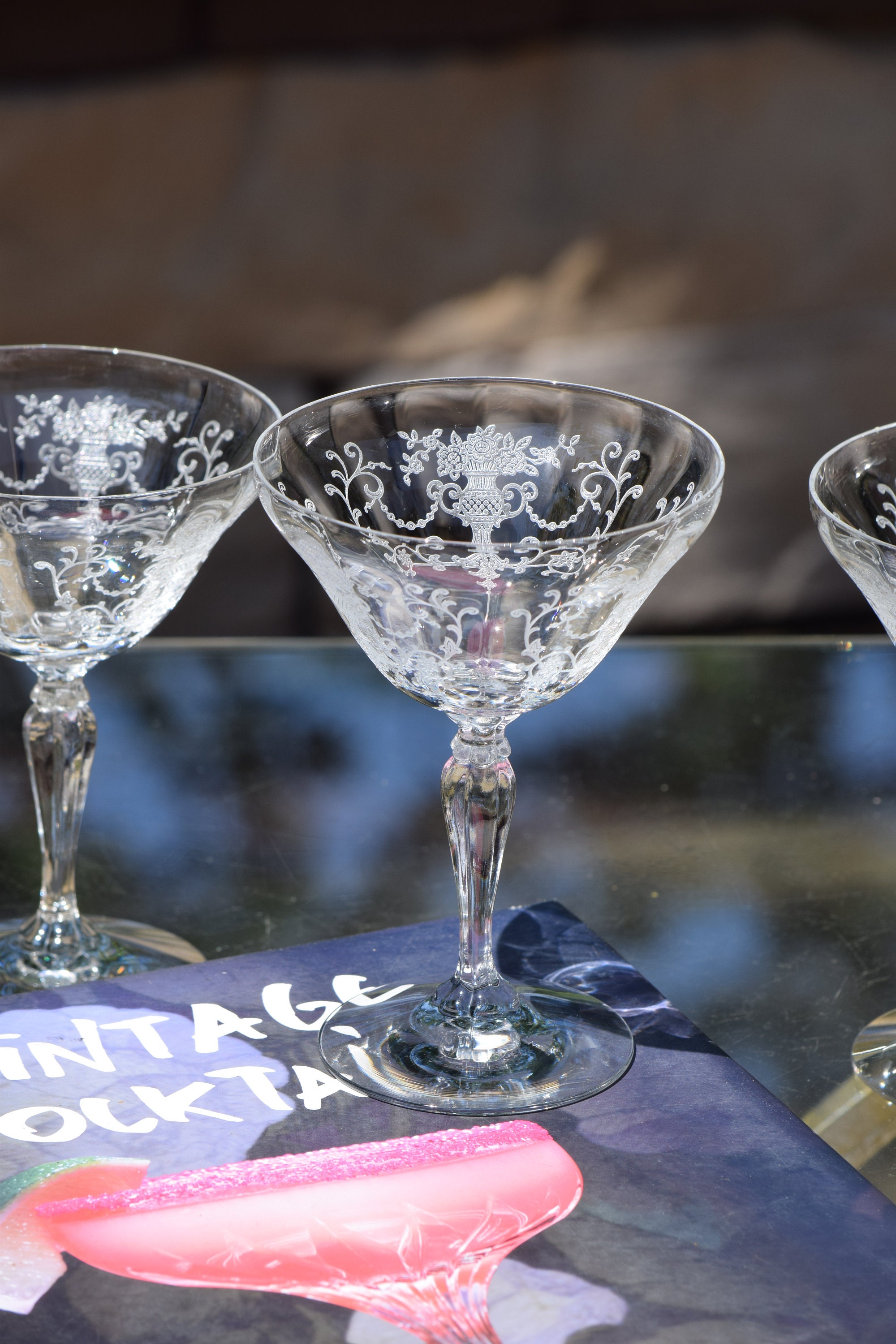 4 Vintage Etched CRYSTAL Cocktail ~ Martini glasses, Fostoria, Florentine,  1933-1943, Vintage Champagne Glasses, Manhattan Cocktail Glasses
