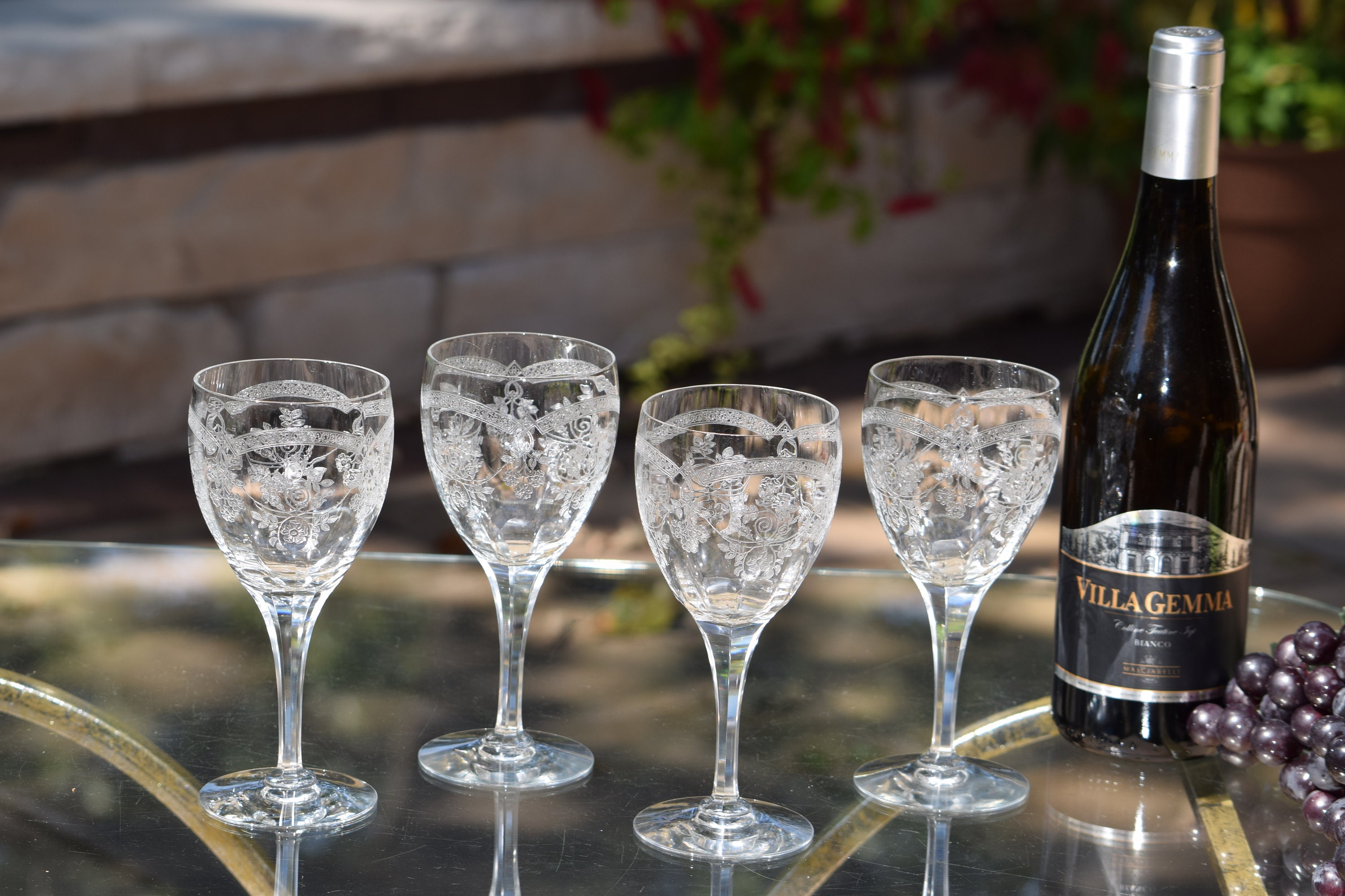 4 Antique Etched Optic Wine Glasses, Fry Glass, 1930's, Antique Wine