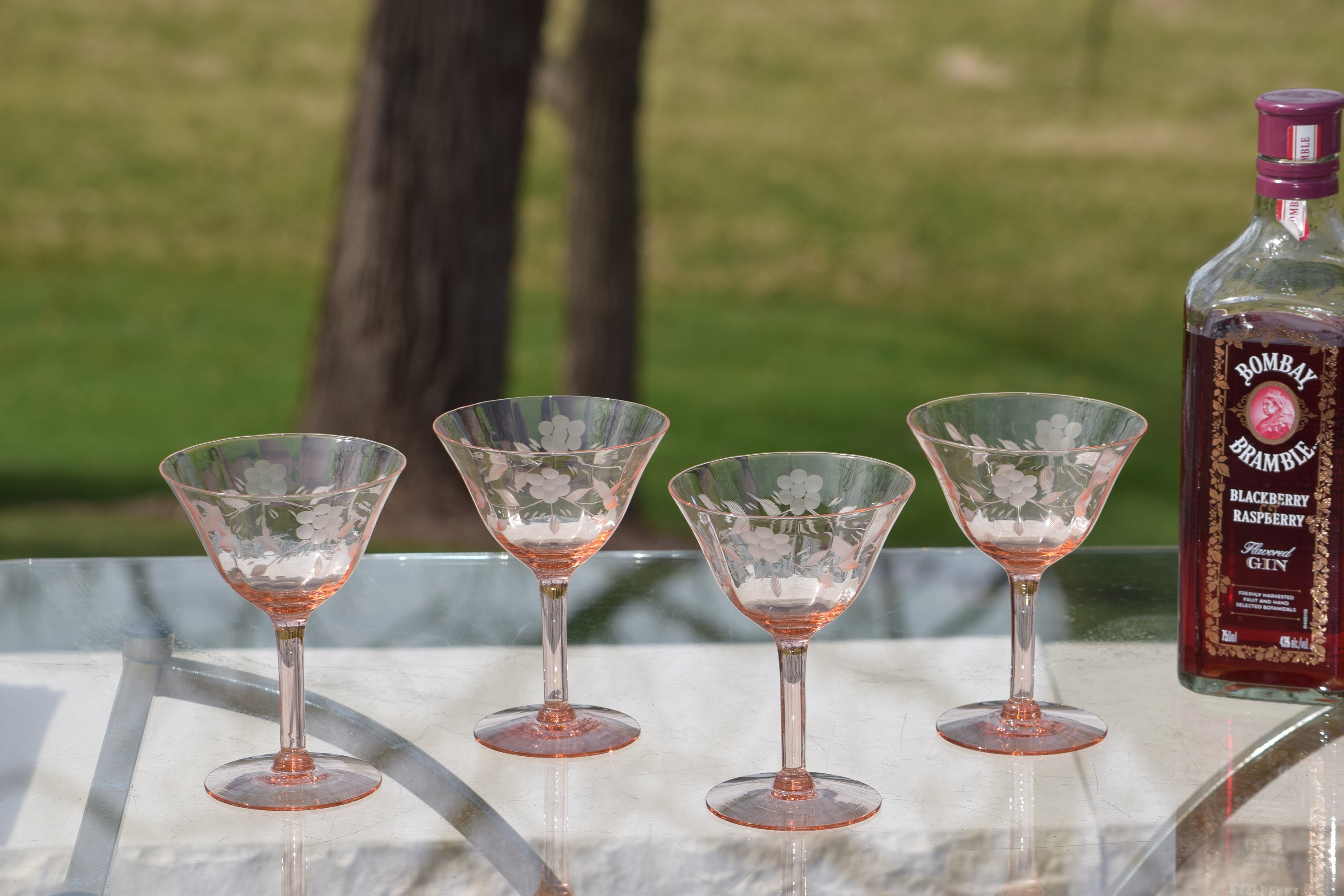 4 Vintage Pink Etched Cocktail Martini Glasses, Mixologist Cocktail