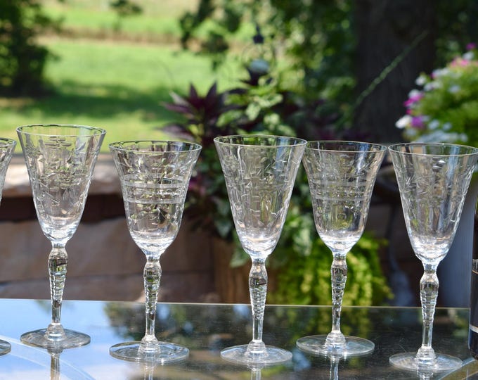 WINE COLLECTOR SET!  6 Vintage Etched Wine Glasses, Set of 6 Mis-Matched Etched Wine Glasses ~ Water Goblets, 1950's, Wine Glass Collector