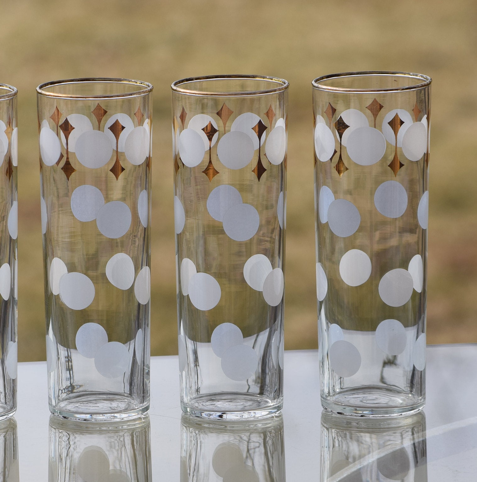 Vintage Gold & White COLLINS Glasses, Set of 6, Vintage Libbey Collins