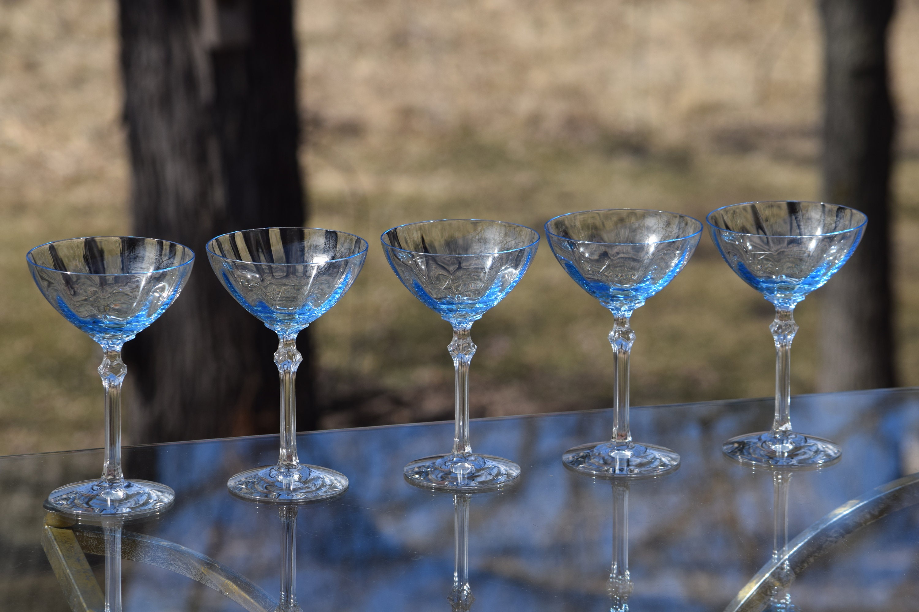 Vintage Blue FOSTORIA Optic Crystal Cocktail Coupe Glasses, Set of 5