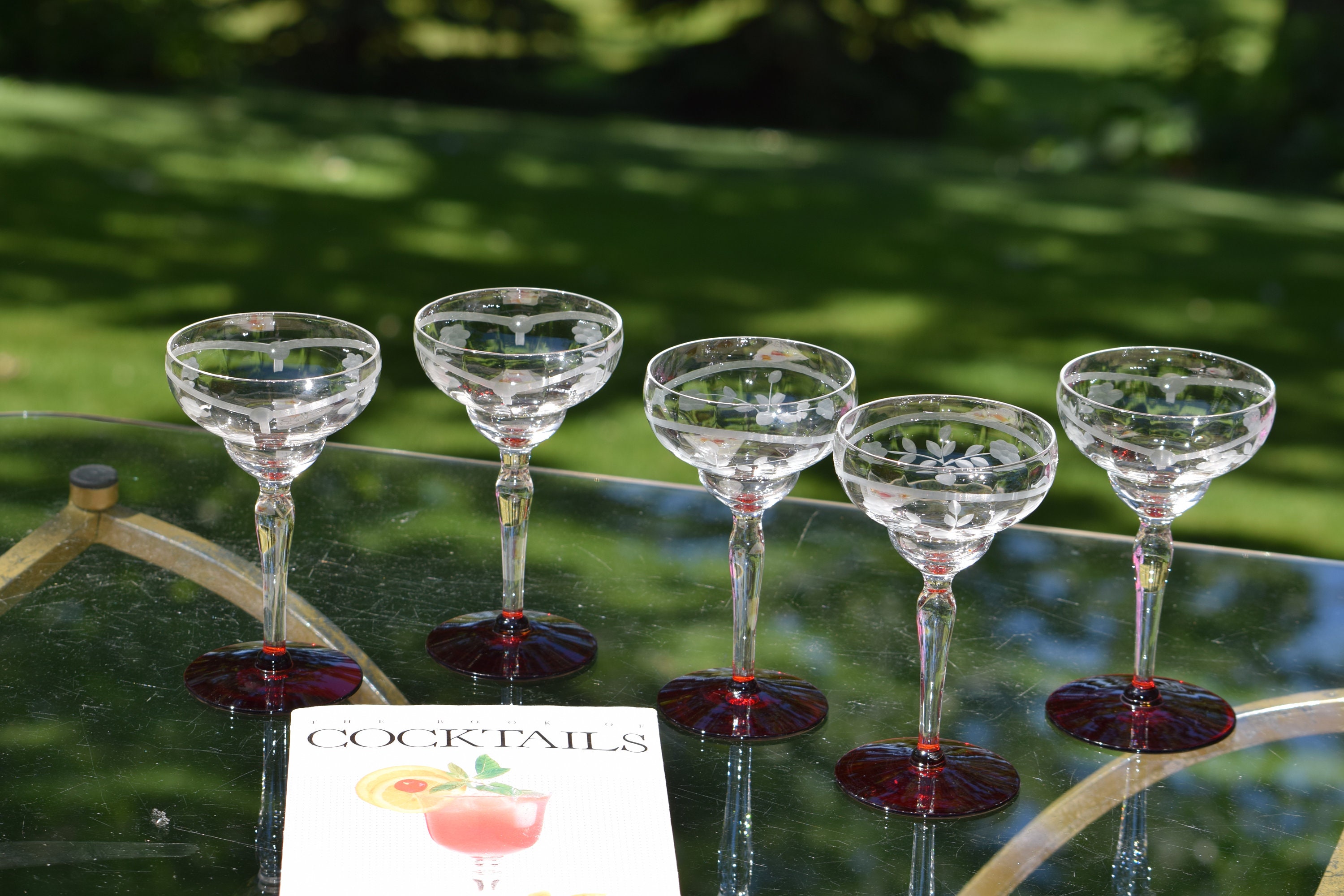 4 Vintage Etched Cocktail Glasses, circa 1950, Small 4 oz