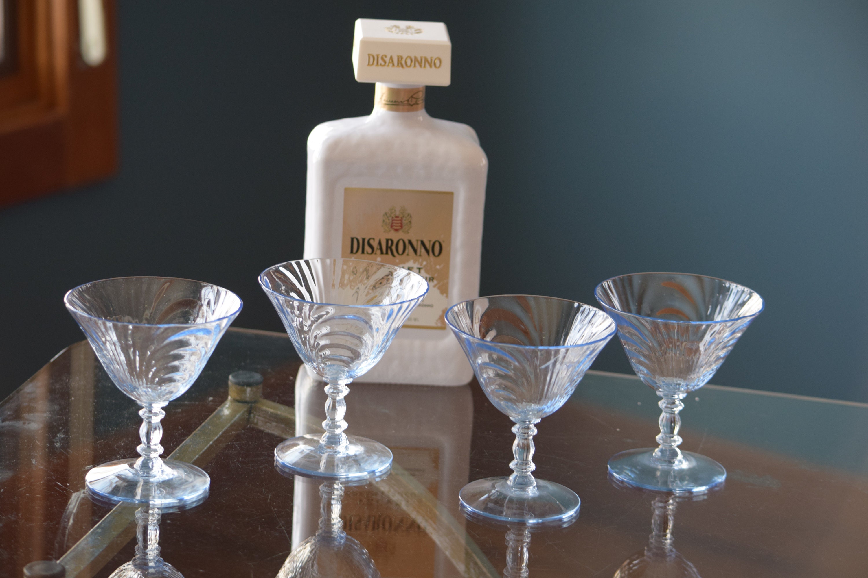 4 Vintage Cocktail Martini Glasses, Cambridge, Moonlight Blue, 1940's