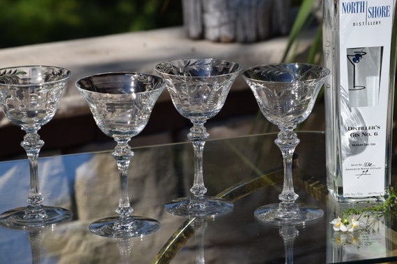 6 Vintage Etched Crystal Cocktail Martini Glasses, Tiffin