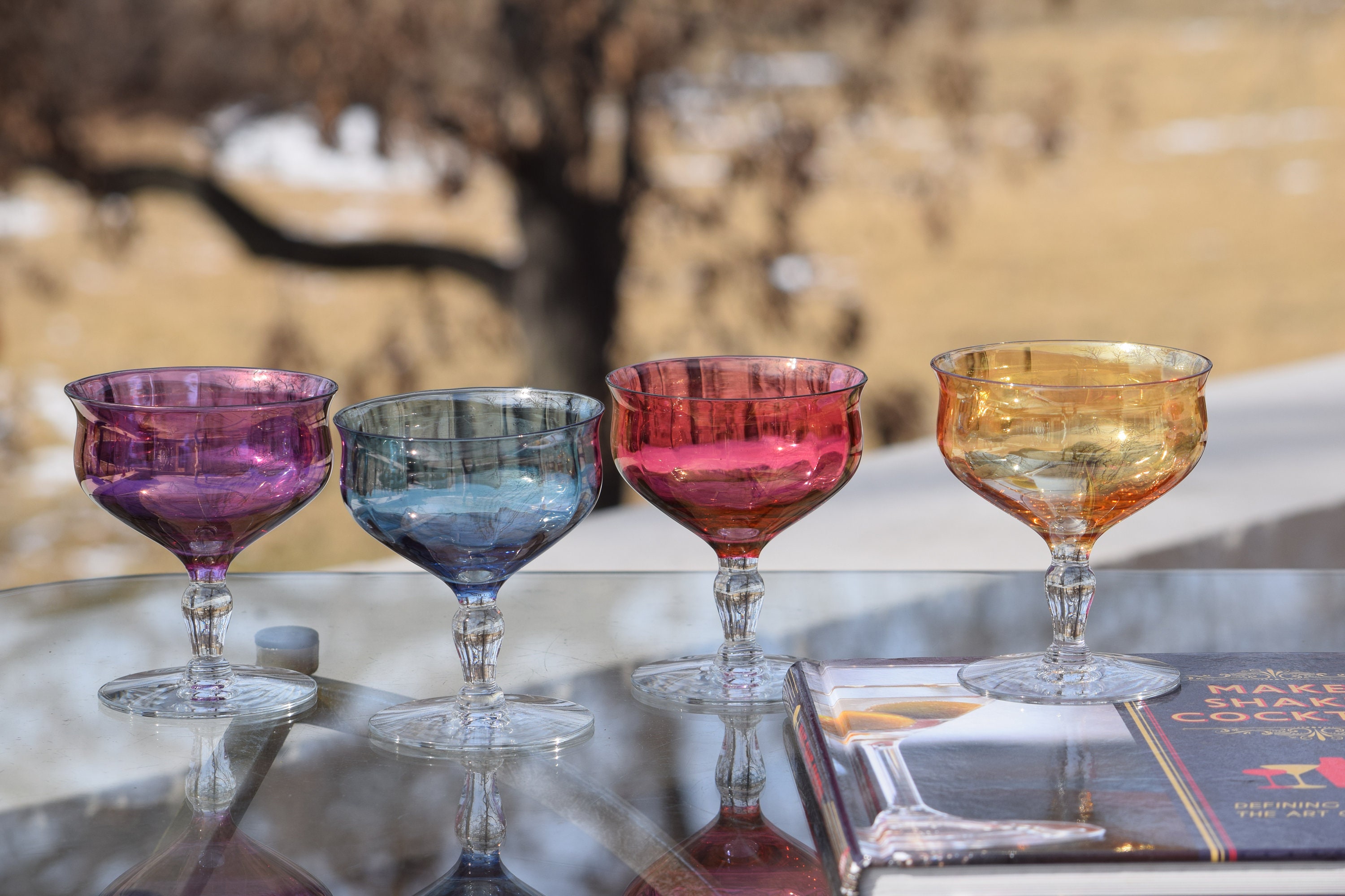 6 Vintage Multi Colored Cocktail Glasses, Nick and Nora, Champagne