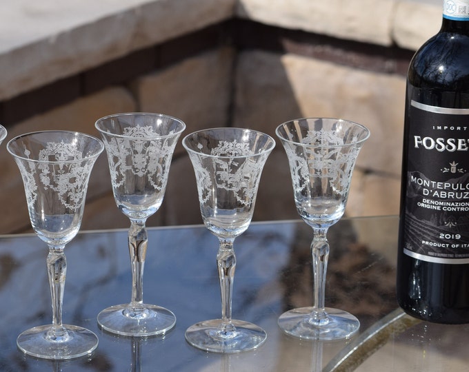 4 Vintage Etched Port Wine Glasses~ Liquor Glasses, 3 oz After Dinner Drink Glasses, Port Wine ~ Dessert Wine Glasses, Small 3 oz Wine Glass