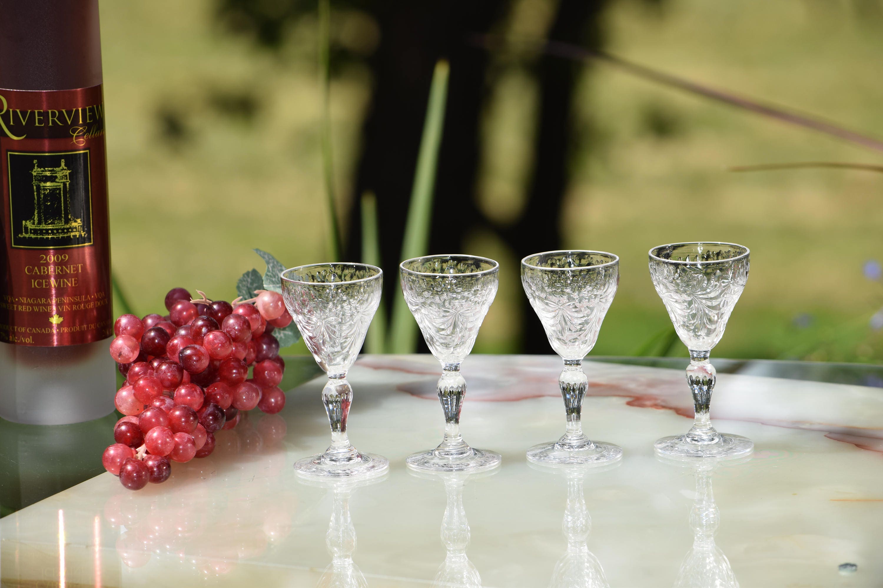 Vintage Etched Crystal Cordial Port Wine Glasses, Set of 4, Wine Party