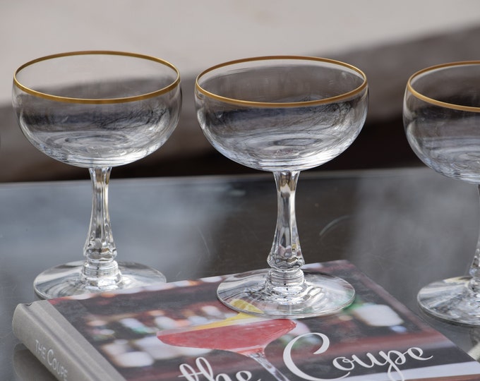SIP in STYLE! 6 Vintage Gold Rim CRYSTAL Cocktail Martini Glasses,  Fostoria, 1958 Nick & Nora Coupes, Gold Rimmed Champagne Coupes