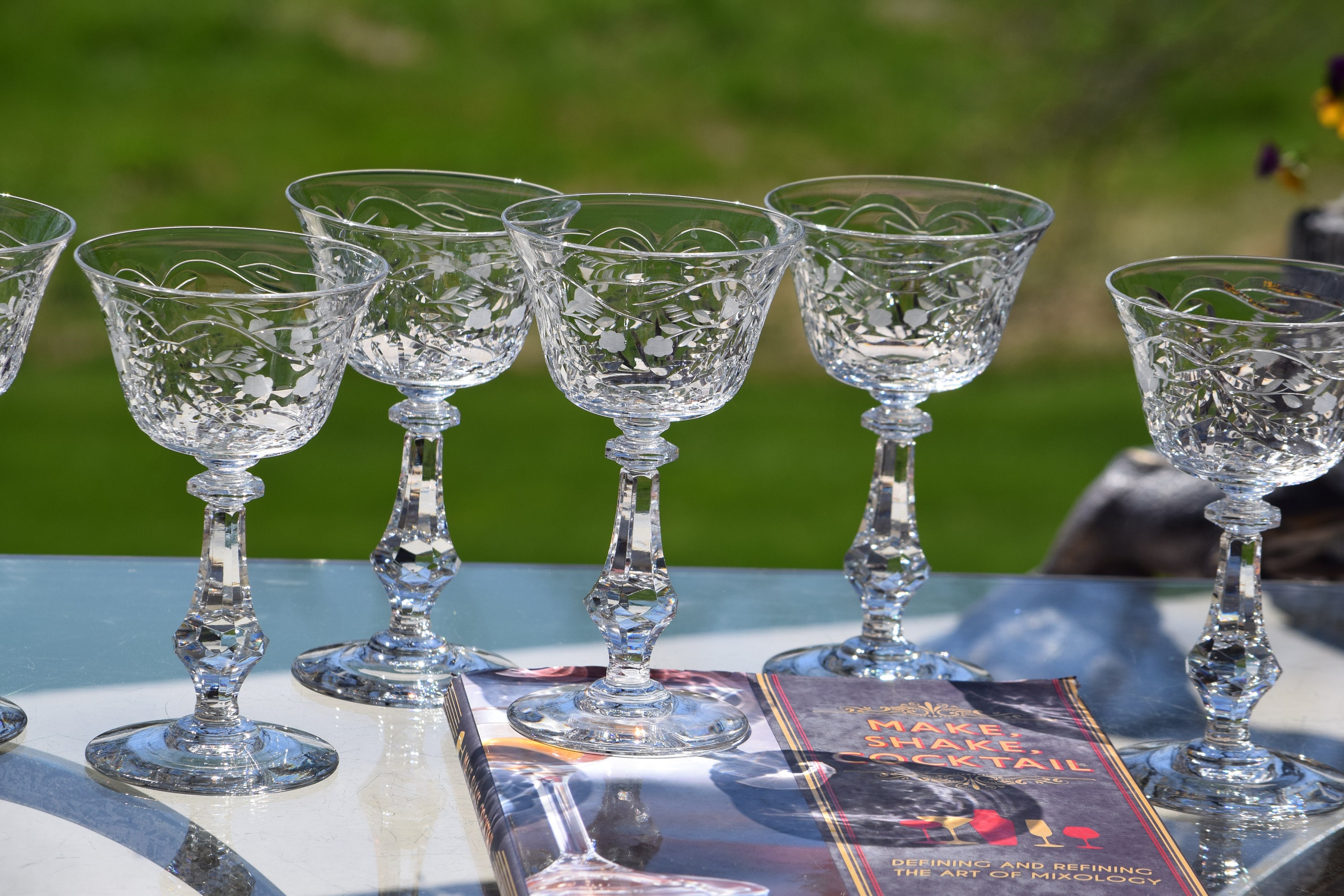 6 Vintage Etched Crystal Cocktail Glasses Martini Glasses, 1950's