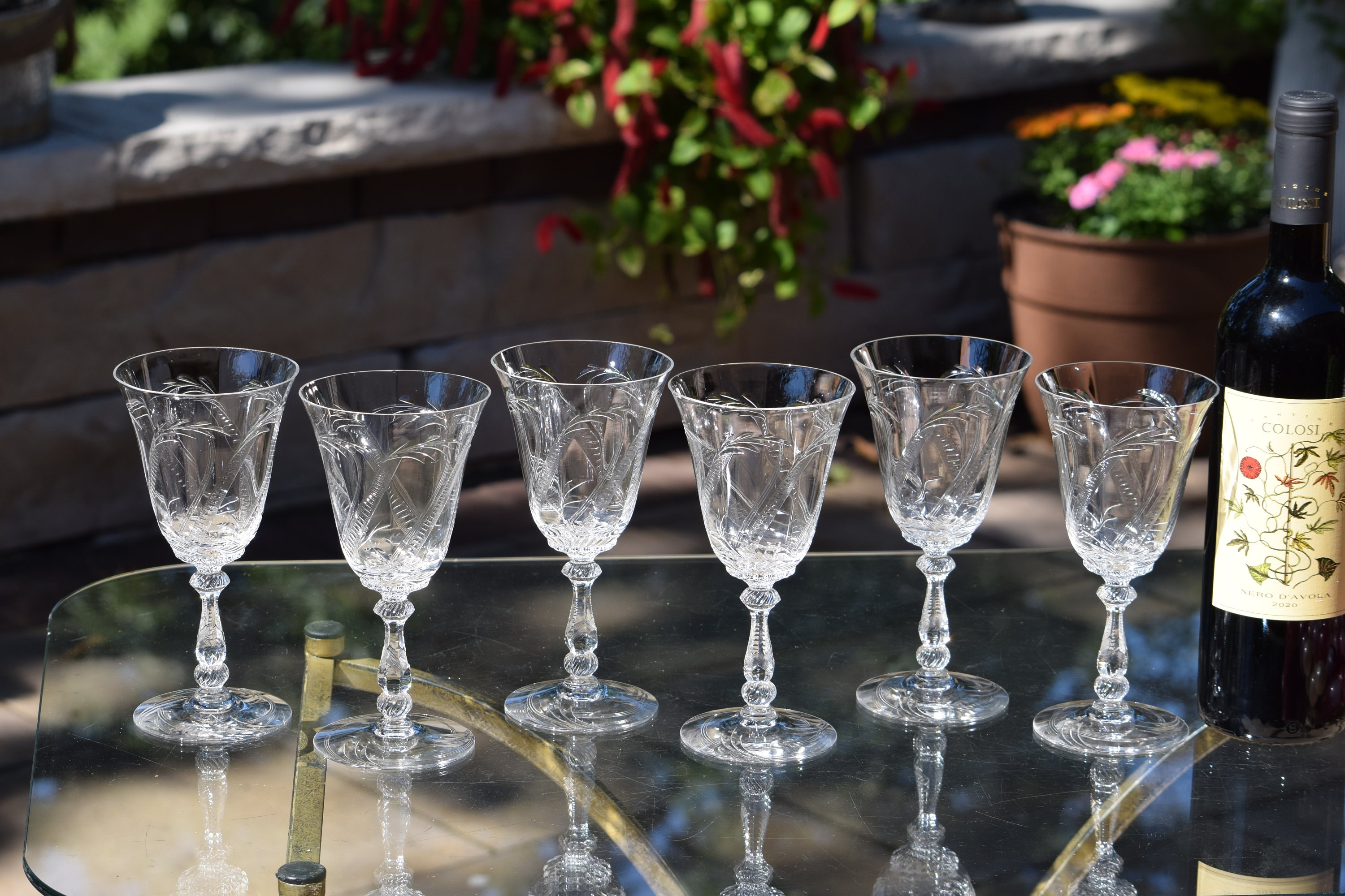 6 Fostoria Crystal Wine Glasses - Heisey Orchid Etch – Anything