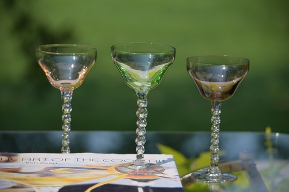 Vintage Multi Colored Clear Twisted Stem Cocktail Glasses, Set of 7,  Vintage Liqueur Glasses, Vintage Cocktail Coupes, 2-3 oz Coupes