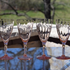 4 Vintage Etched Pink Optic Glass Wine Glasses, 1950's, Vintage Pink Depression Etched Wine Glasses, Elegant Pink Wine Glasses image 8