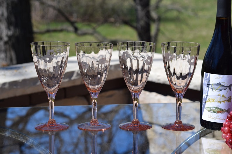 4 Vintage Etched Pink Optic Glass Wine Glasses, 1950's, Vintage Pink Depression Etched Wine Glasses, Elegant Pink Wine Glasses image 8