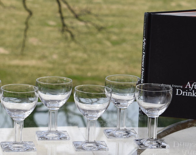 6 Vintage Crystal Port Wine Glasses, Heisey, New Era Clear, c. 1935, Rectangle Foot - Square Stem, 3.5 oz Port - After Dinner Drink Glasses