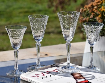 Vintage Etched Crystal Wine Glass Set: Seneca Art Deco Goblets