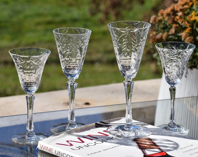 4 Vintage Etched Crystal Wine Glasses ~ Port Wine Glasses, Set of 4 Mixed Glasses, Seneca, 1940's, Vintage Crystal Water Goblets