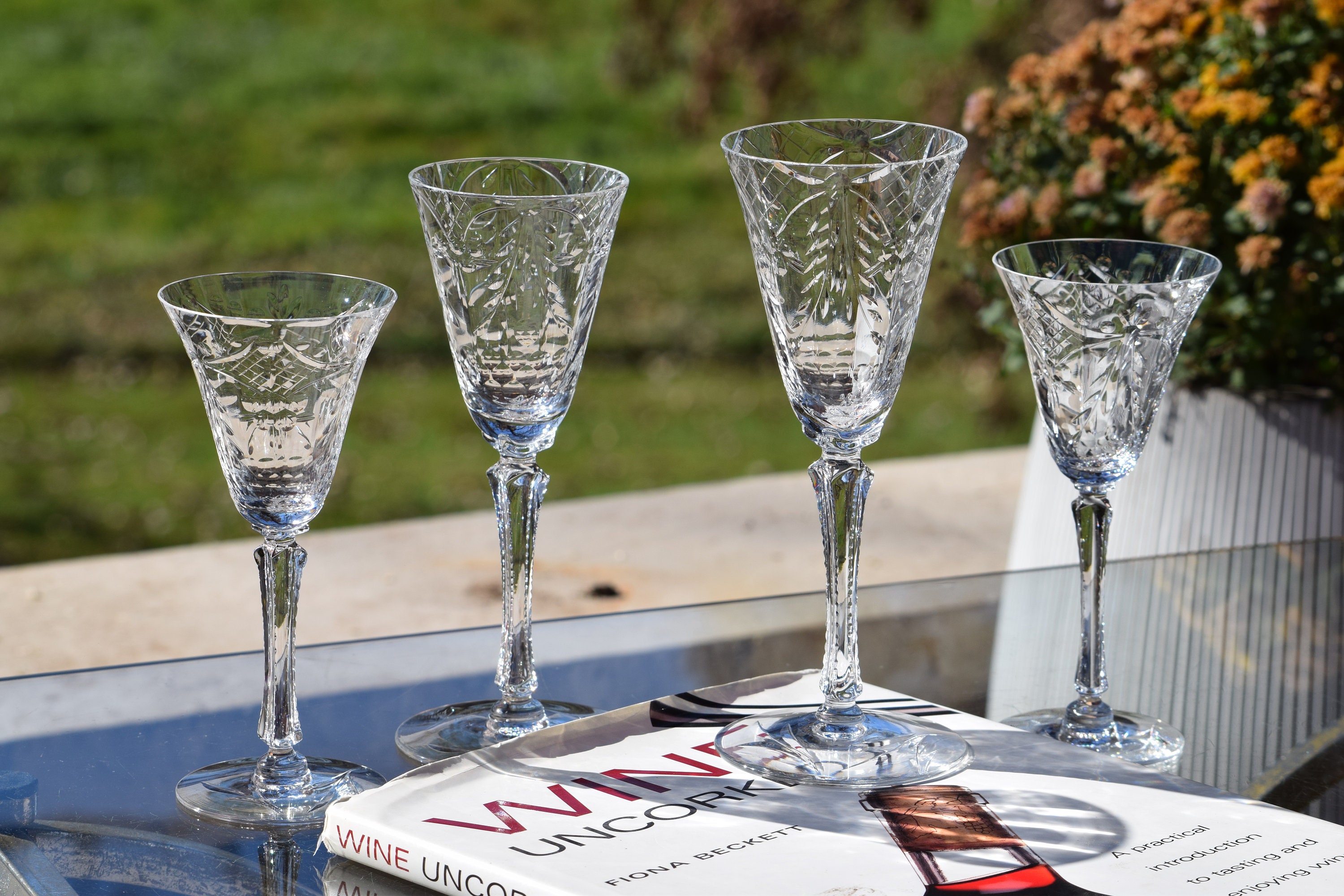 Wine Glass Set, Etched Cut Stemware Lot, Set of 4 Glasses, Etched