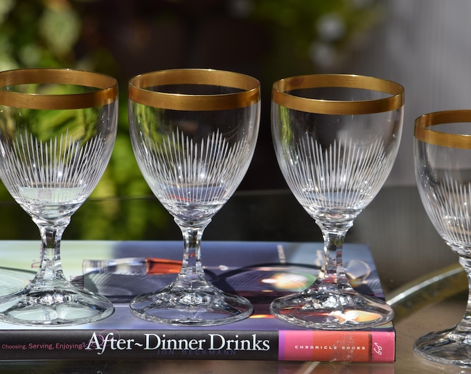 SIPPING IN STYLE! 5 Vintage Etched Crystal Gold Rimmed Liqueur ~ Wine Glasses ~ Cordials, Schott Zwiesel, Wertech, 1970's After Dinner 5 oz