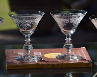 4 Vintage Etched Cocktail ~ Martini Glasses, Bryce, 1960's, Mid Century Barware, Girls Night Cocktail Party, Wedding gifts