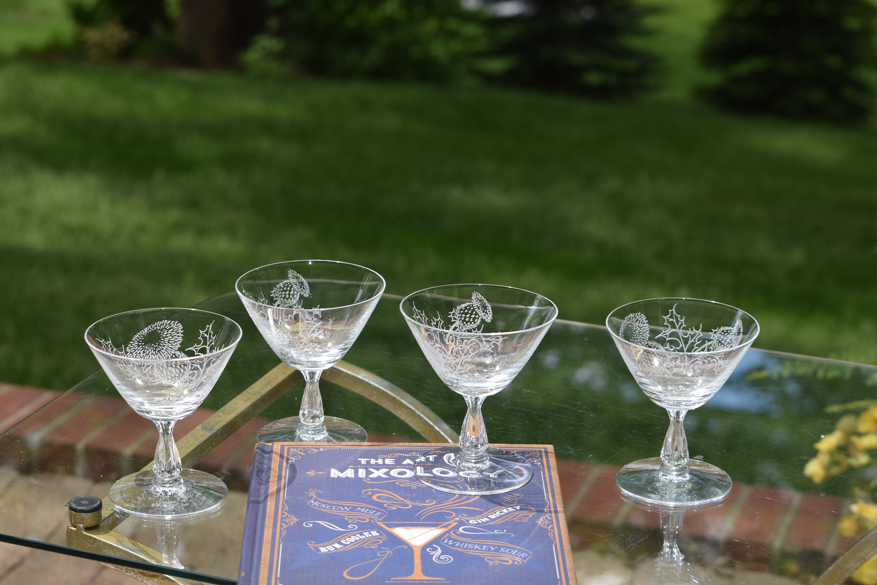 Vintage Etched Cocktail Martini Glasses, Set of 4, Fostoria, Thistle