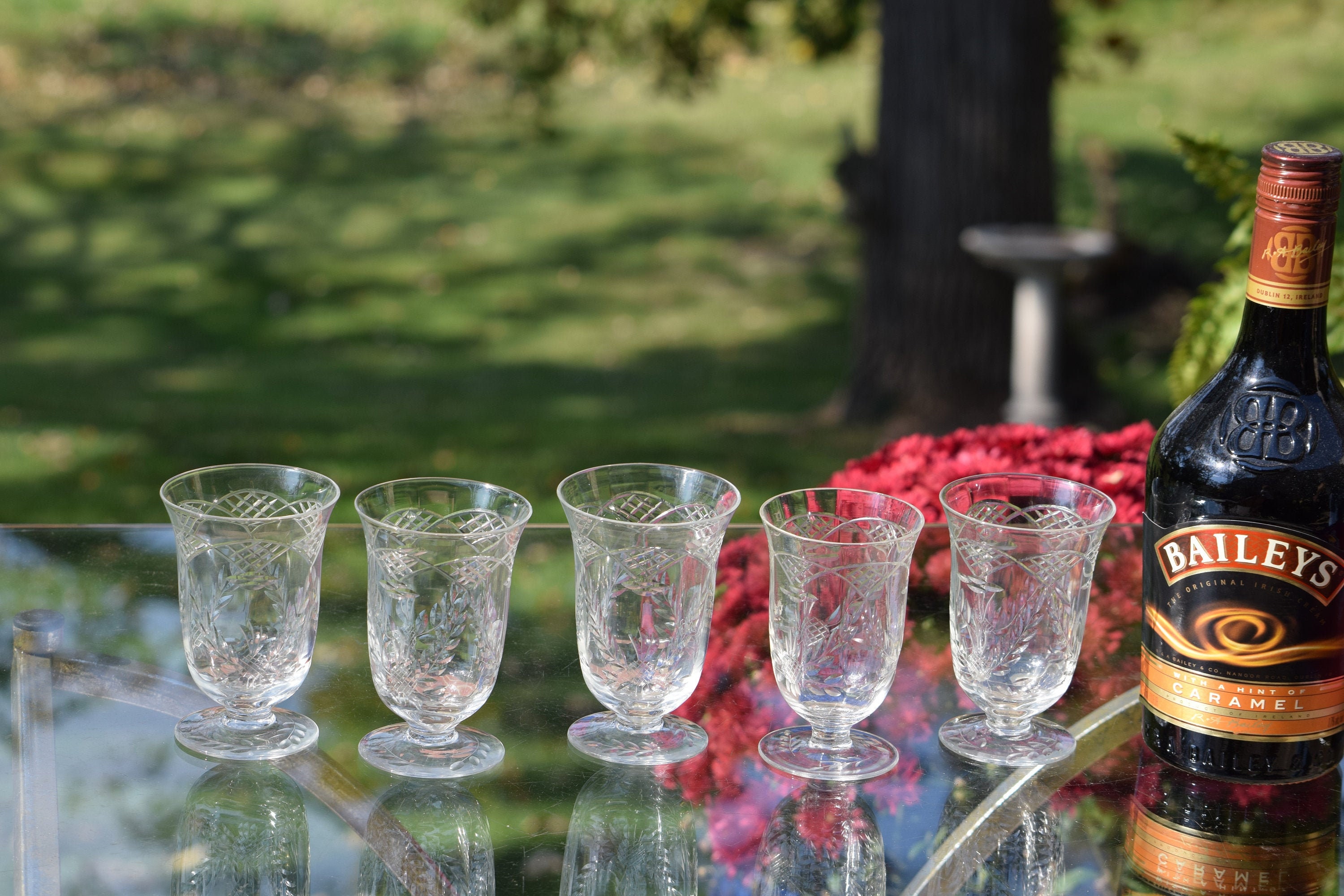 5 Vintage Etched Wine ~ Liquor Glasses Set Of 5 Vintage After Dinner