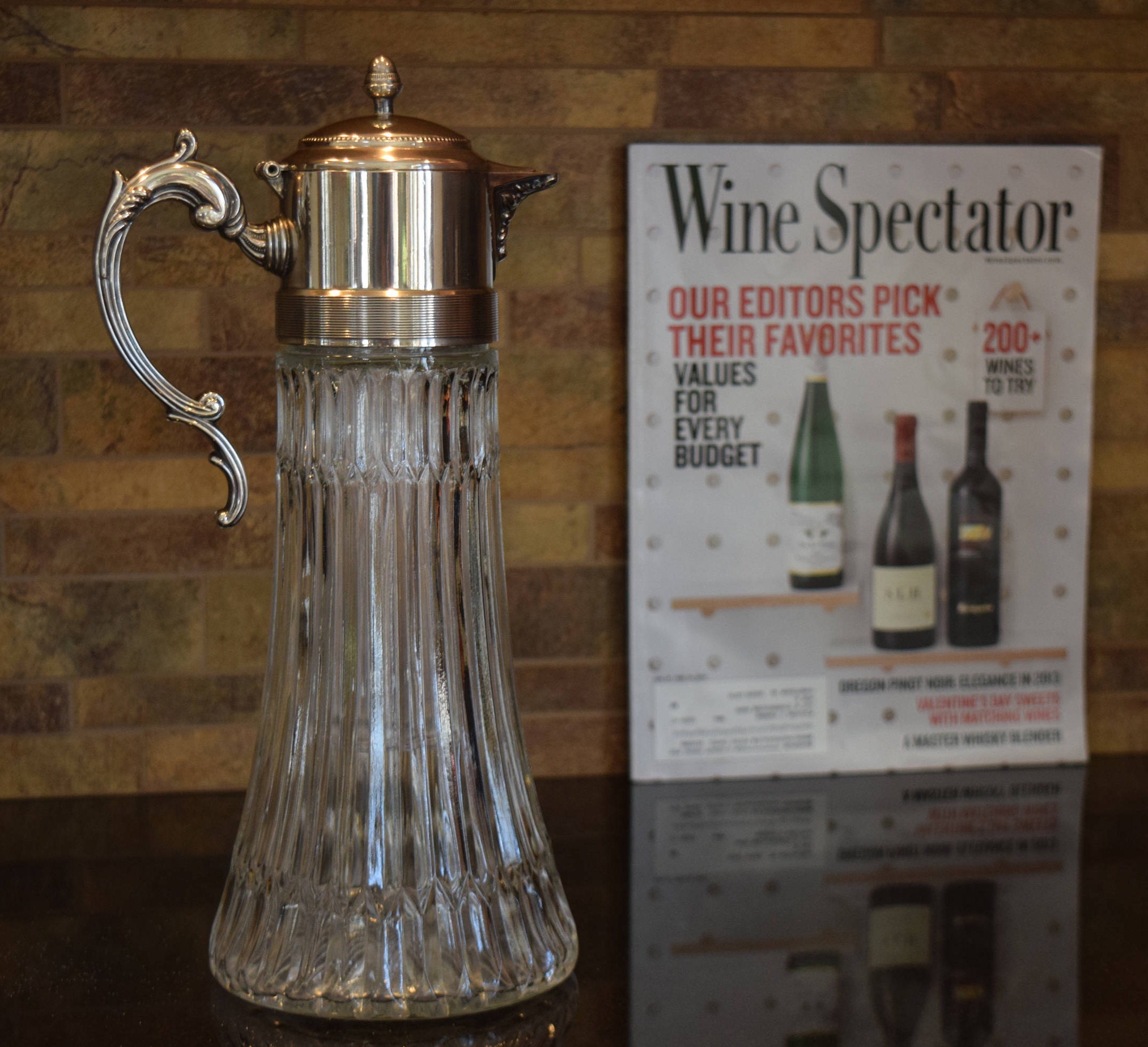 Vintage Wine Decanter Pitcher with Silver Top, circa 1940's, Home Bar