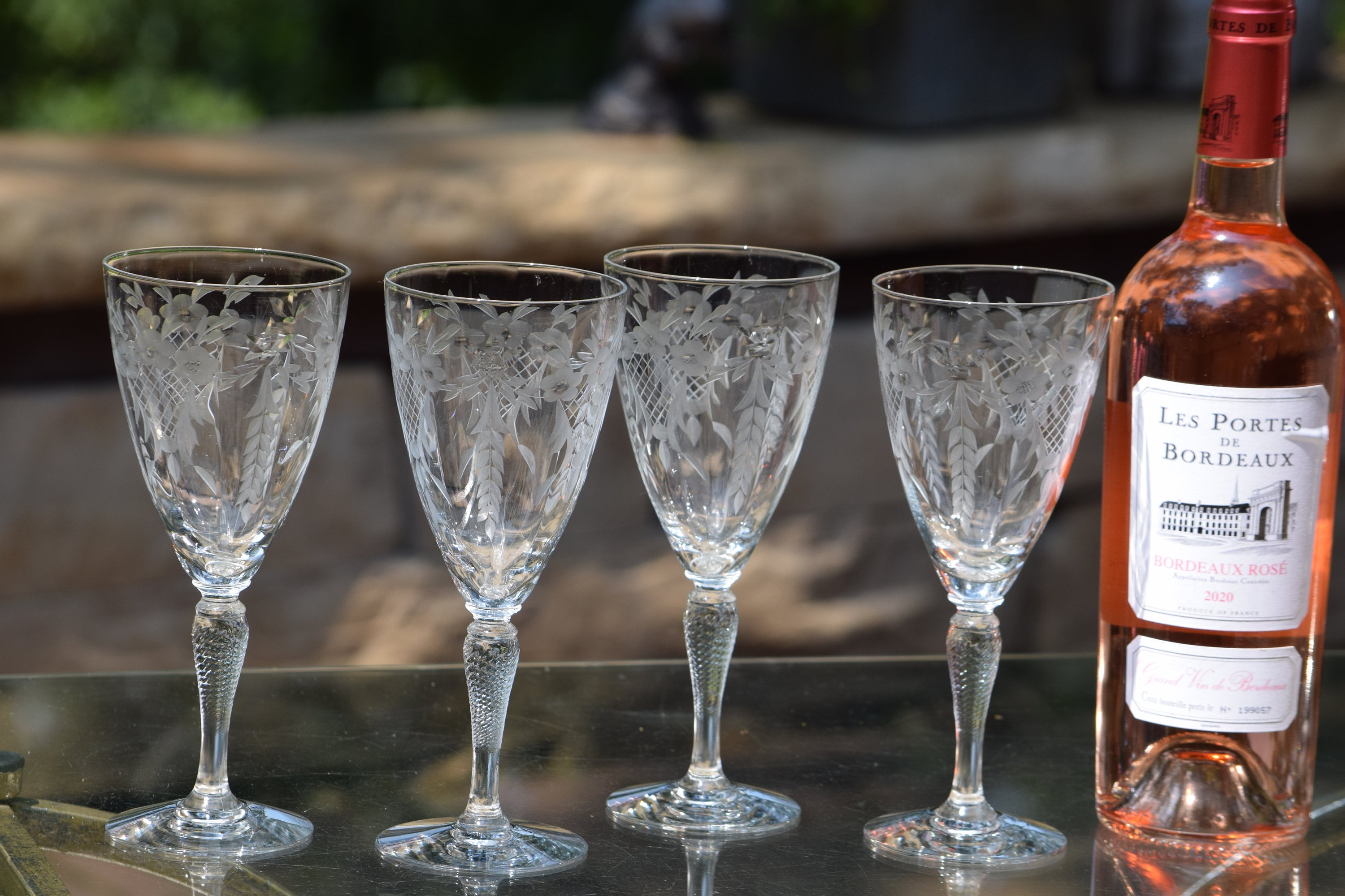 5 Vintage Etched Wine Glasses ~ Water Goblets, 10 oz Wine glasses