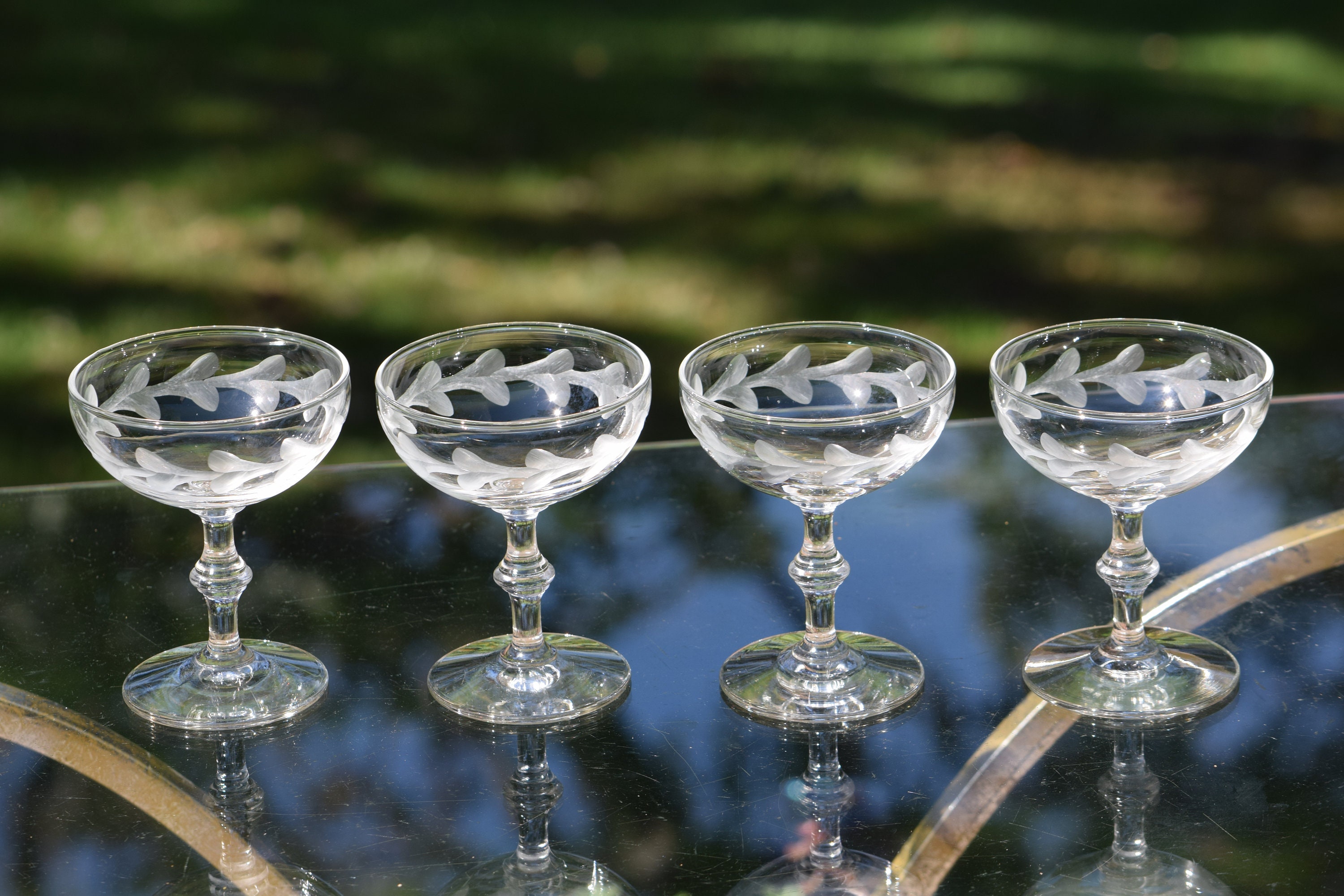 Vintage Etched Cocktail glasses, Set of 4, Vintage Etched Champagne