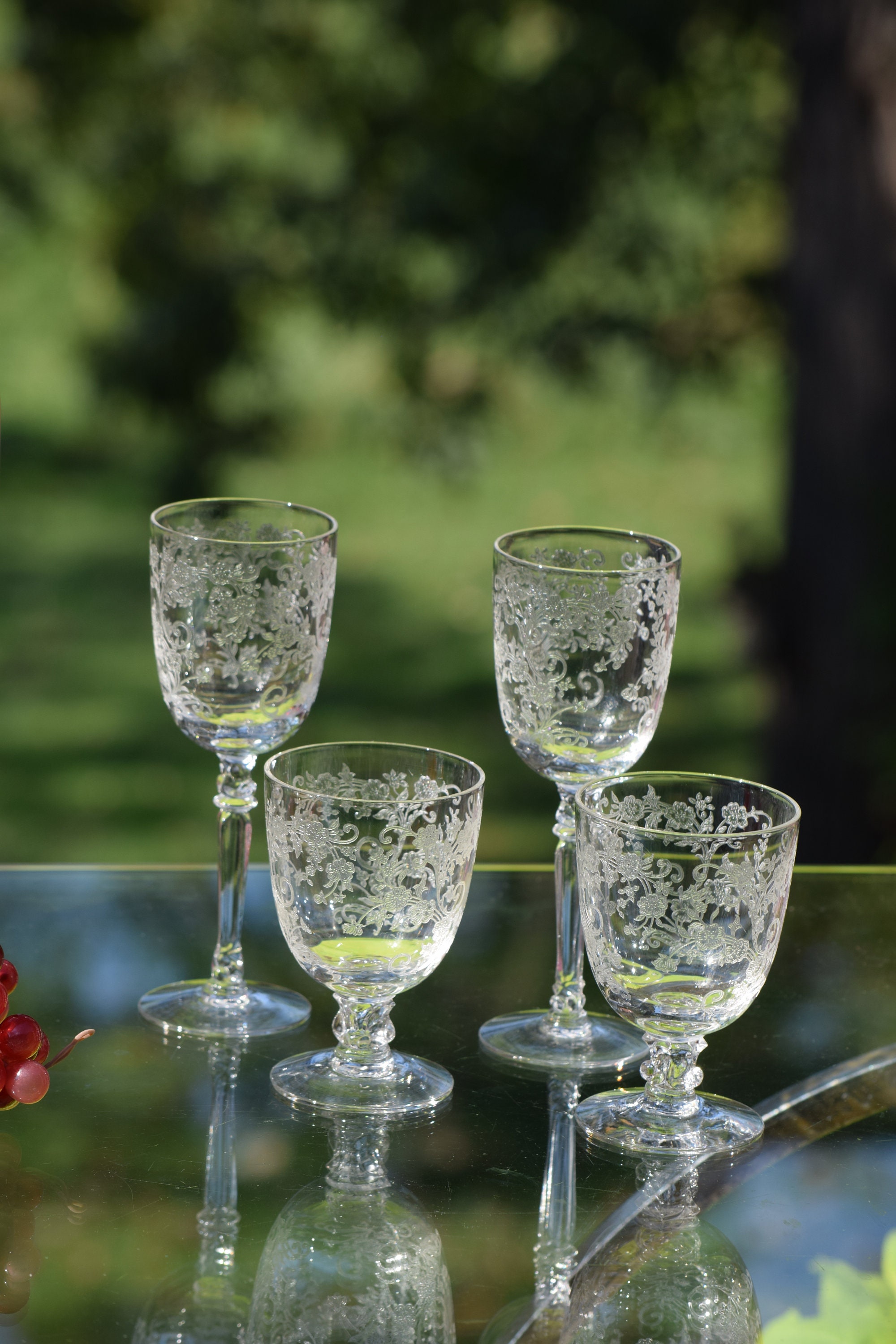 Vintage Etched Crystal Cocktail Wine Cordial Glasses, Set of 7