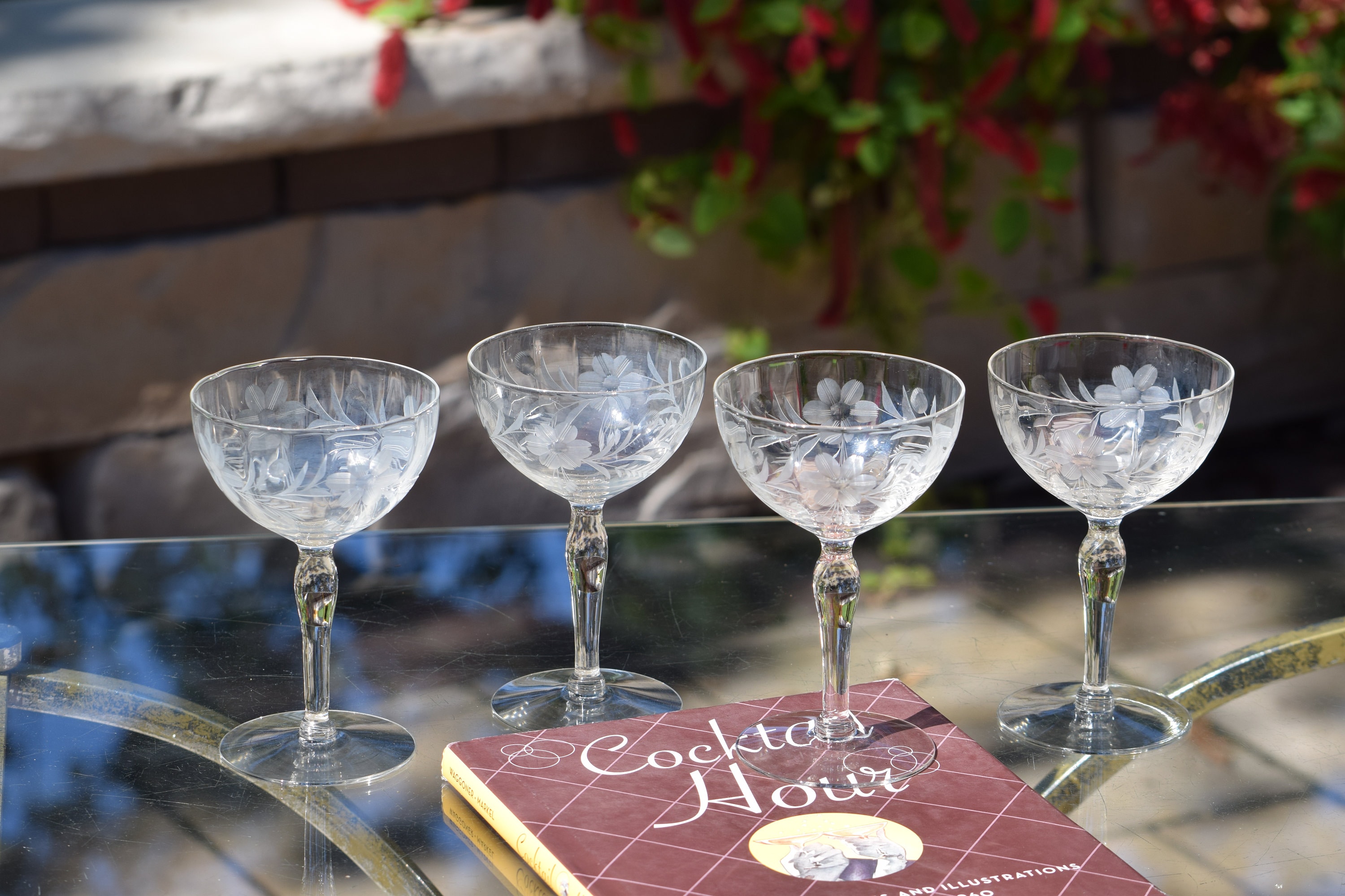 4 Vintage Etched Cocktail - Martini Glasses, 1950's, Nick & Nora Coupes,  Vintage Etched Champagne Glasses, Home Bartender Mixology