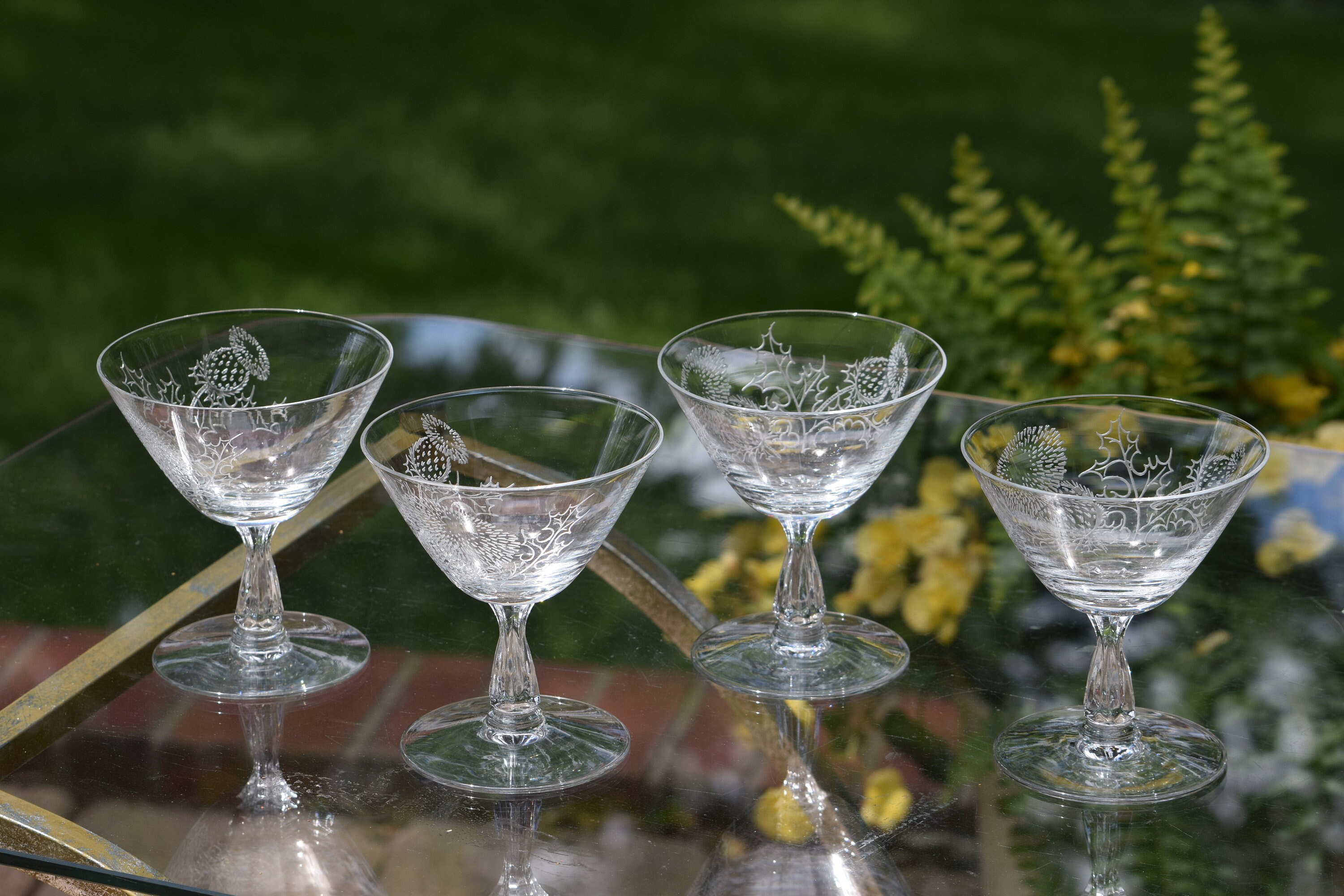 Vintage Etched Cocktail Martini Glasses, Set of 4, Fostoria, Thistle