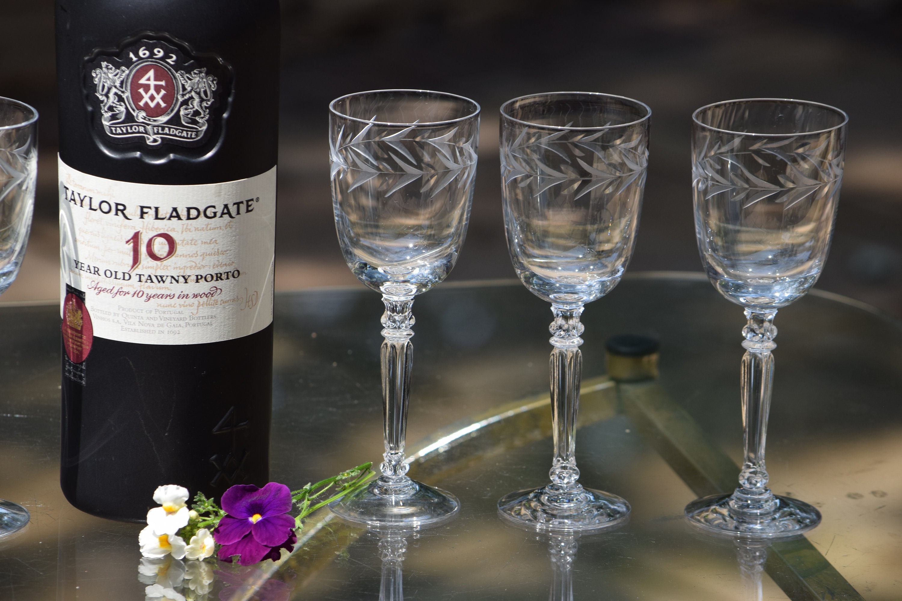 7 Vintage Etched CRYSTAL Port Wine Glasses, Fostoria, Holly, 1940's