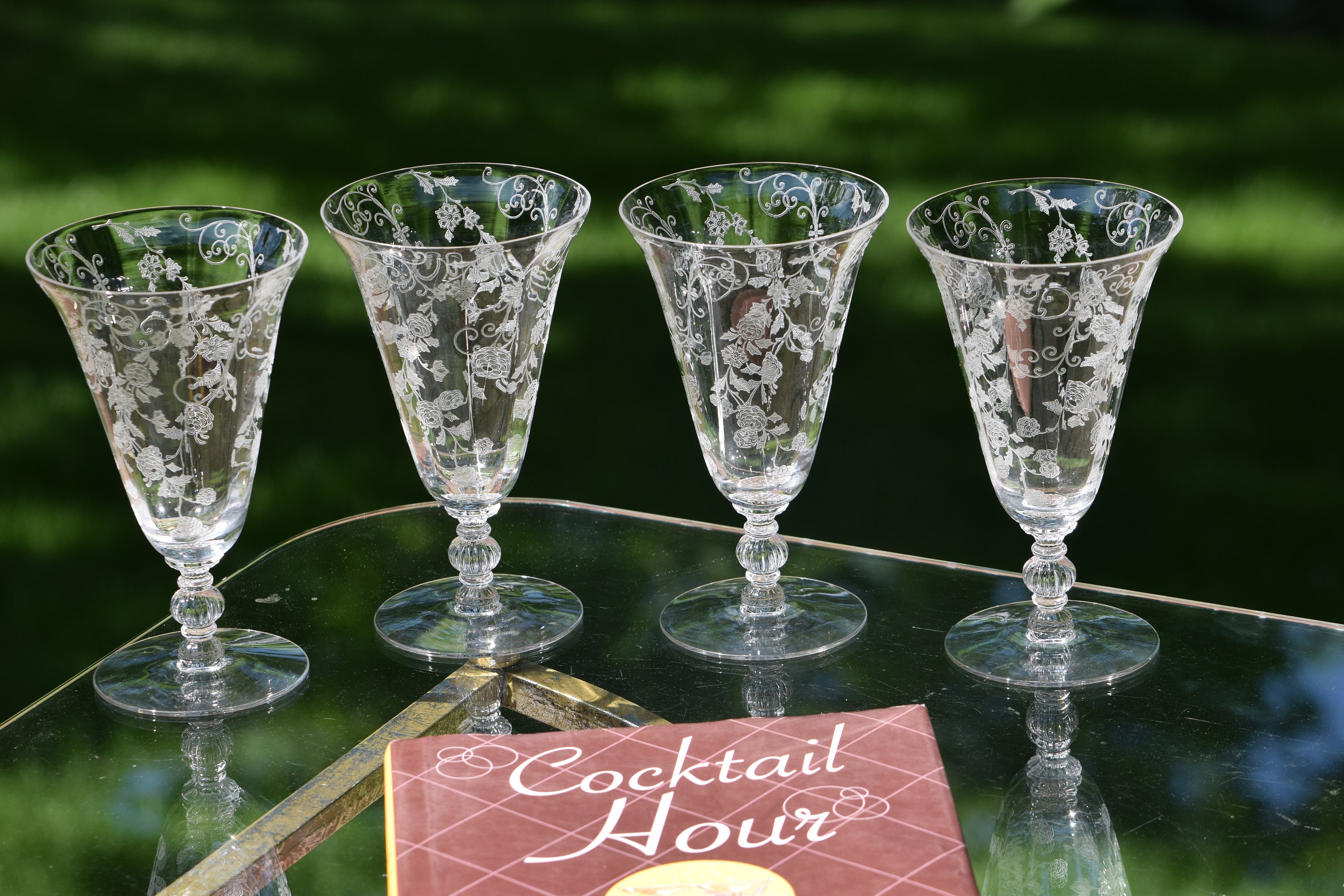 Vintage Etched CRYSTAL Cocktail Glasses, Set of 4, Cambridge, Elaine, Stem 3035, circa 1933