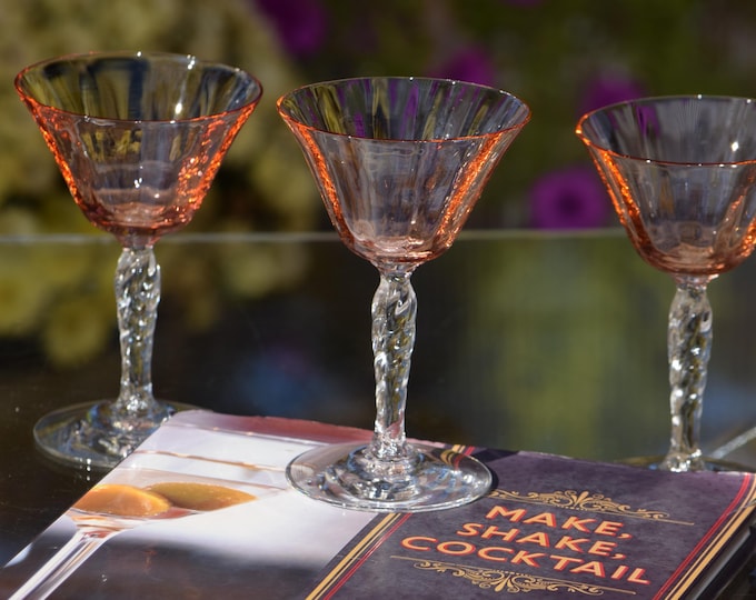 Vintage Fostoria Pink Cocktail Glasses with Twisted Stem, Set of 5