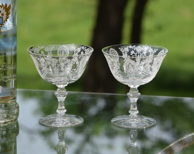 Vintage Tiffin Franciscan Cocktail Glasses: June Night, 1940's, 4 Etched Martini Set
