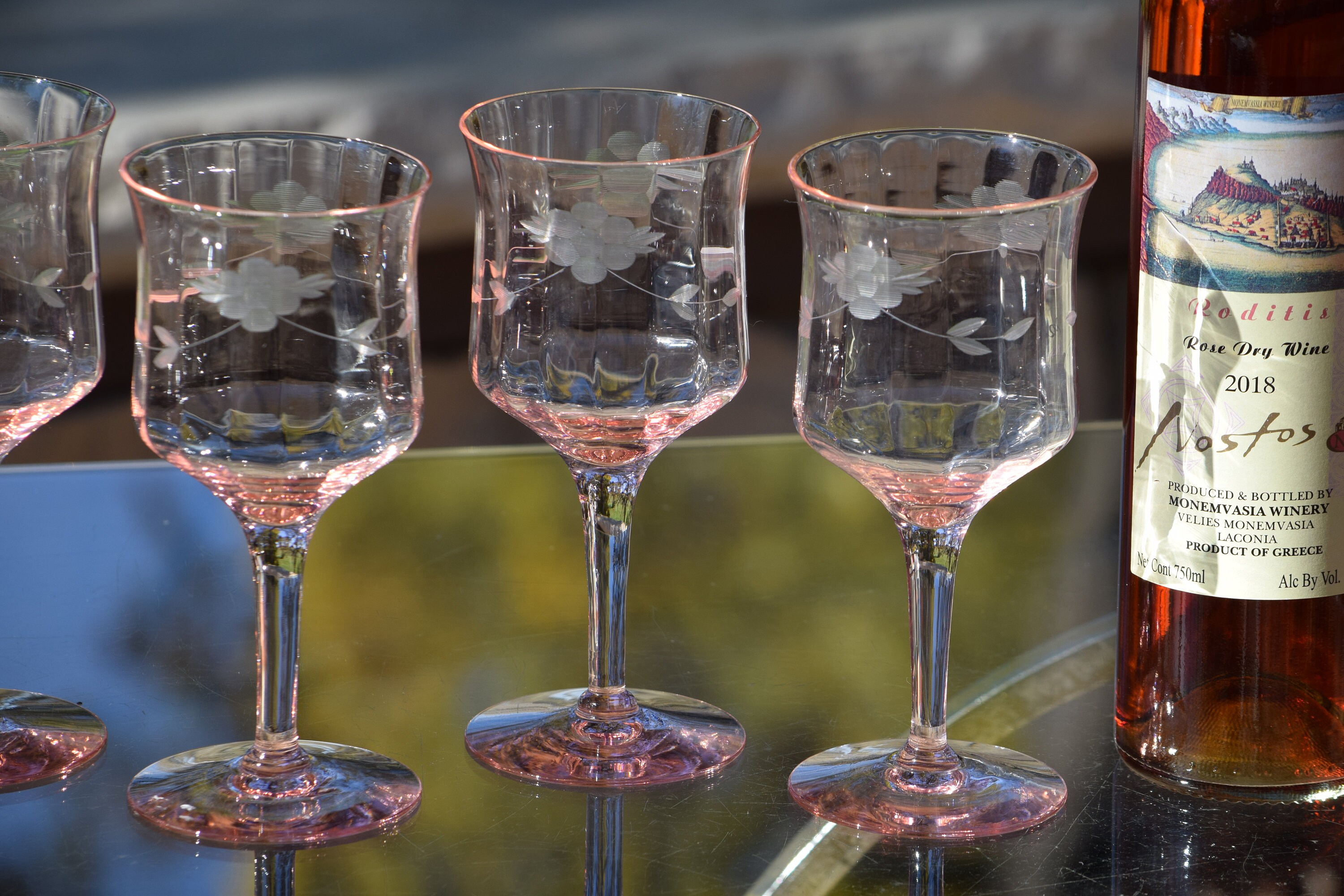 6 Vintage Etched Pink Wine Glasses, Tiffin Franciscan, 1940's, Vintage Pink Water Glasses