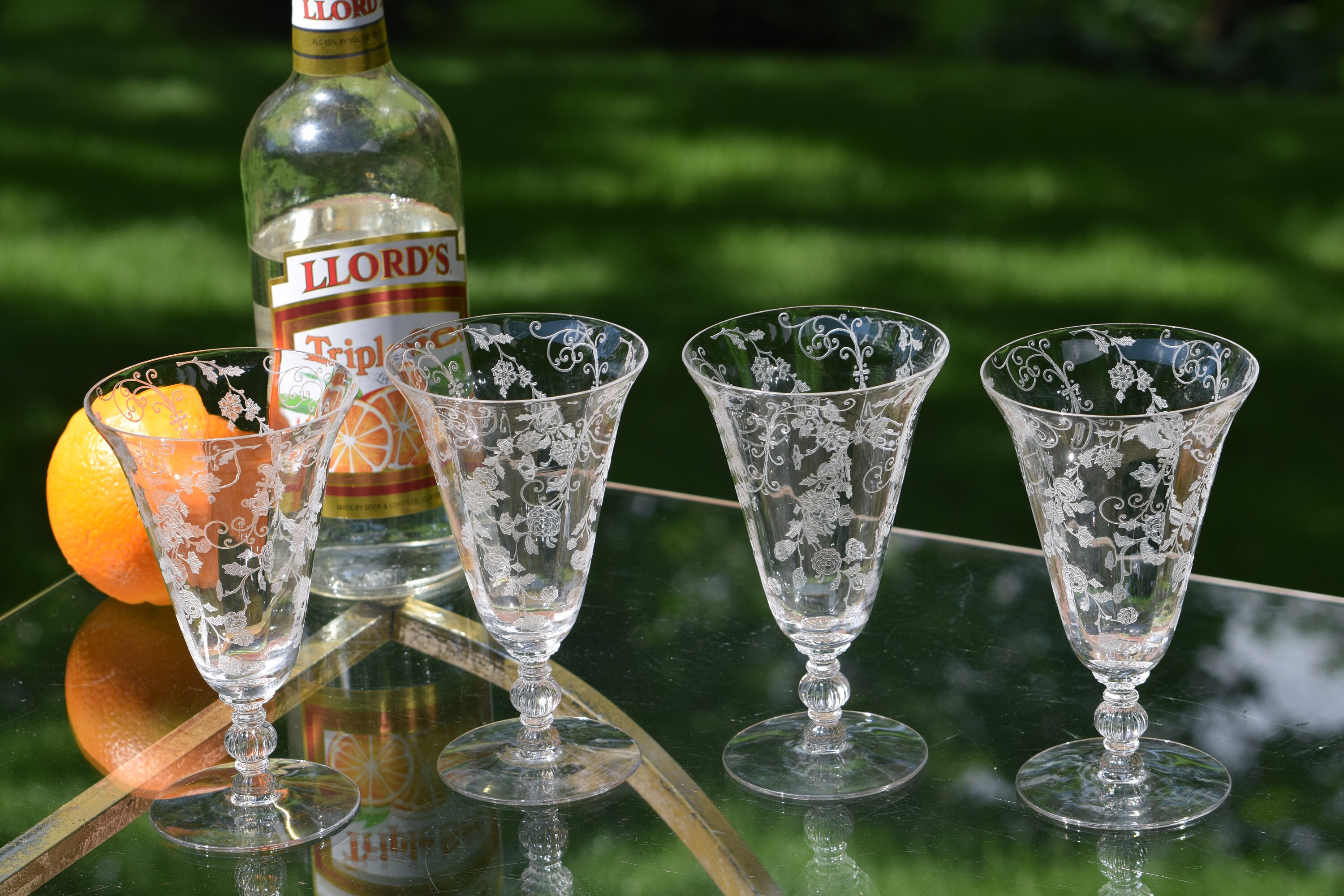 Vintage Etched CRYSTAL Cocktail Glasses, Set of 4, Cambridge, Elaine