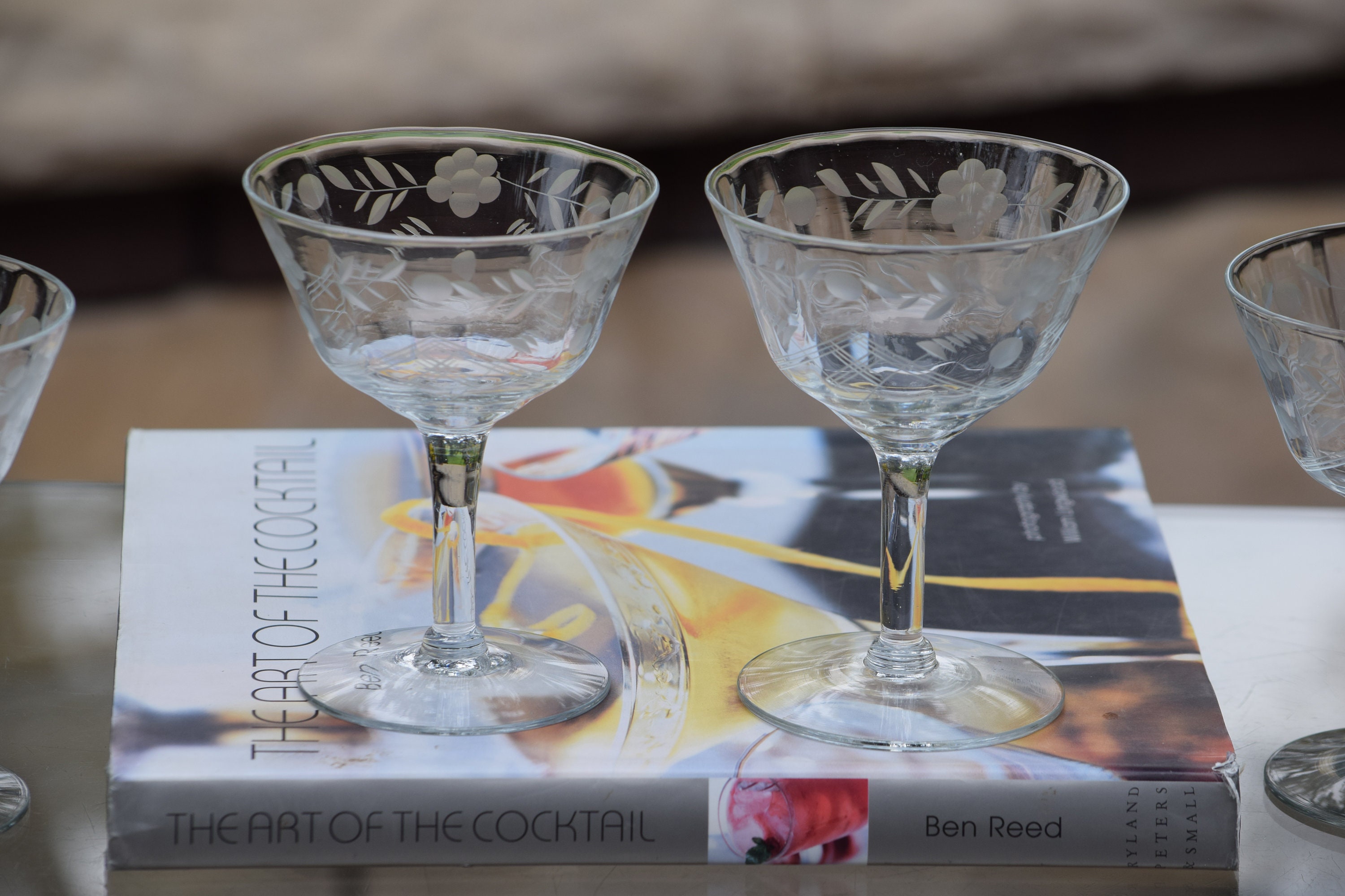 4 Vintage Etched Cocktail - Martini Glasses, Bryce, circa 1950, Nick and  Nora Champagne Coupes, Vintage Round Balled Stem Cocktail Coupes