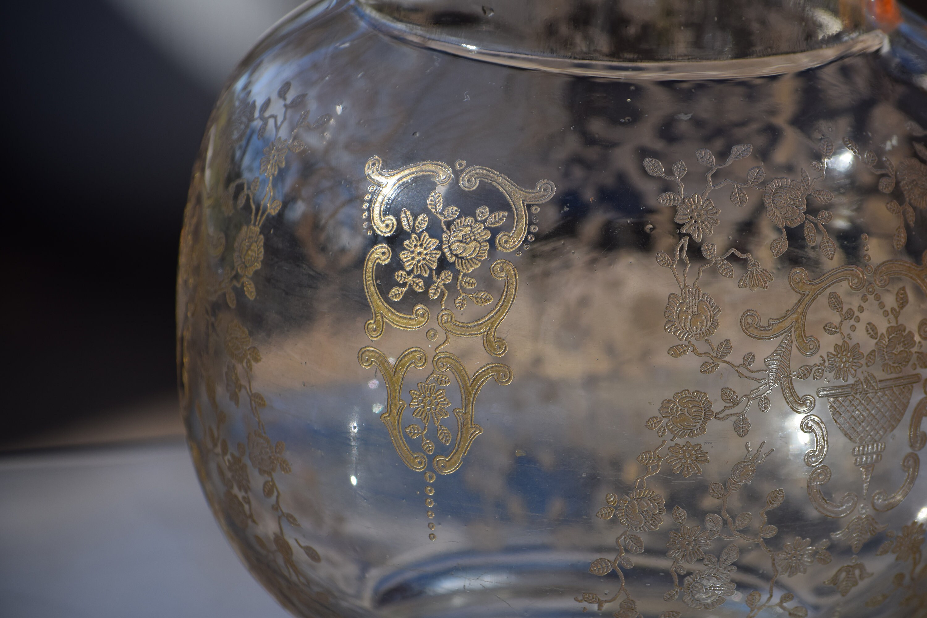 Vintage Gold Encrusted Etched Cocktail Pitcher, Glastonbury Lotus