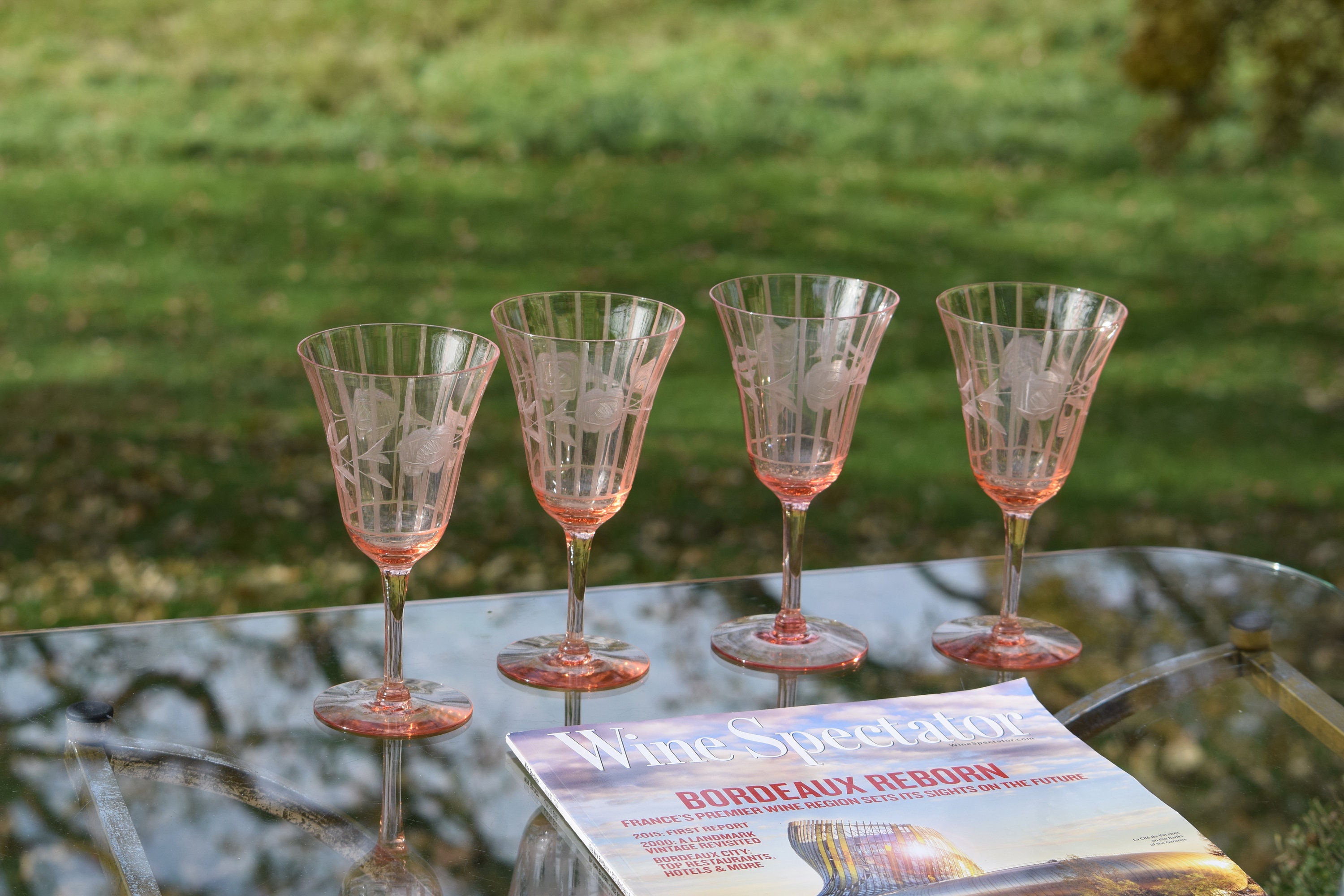Vintage Etched PINK Optic Glass Wine Glasses, Set of 4, Vintage Pink
