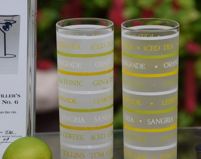 PERFECT For your ICY Summer Cocktails!  Tall 5 Vintage Green, Yellow White COLLINS Glasses, Vintage Tall Cocktail Glasses, 1950's Barware