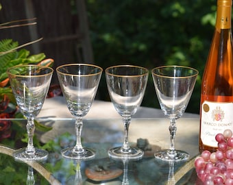 4 Vintage GOLD Rimmed Wine Glasses,  Fostoria, Aurora, 1960's, Water Goblets, Vintage Wedding Wine Glasses, Gold Rim Glasses