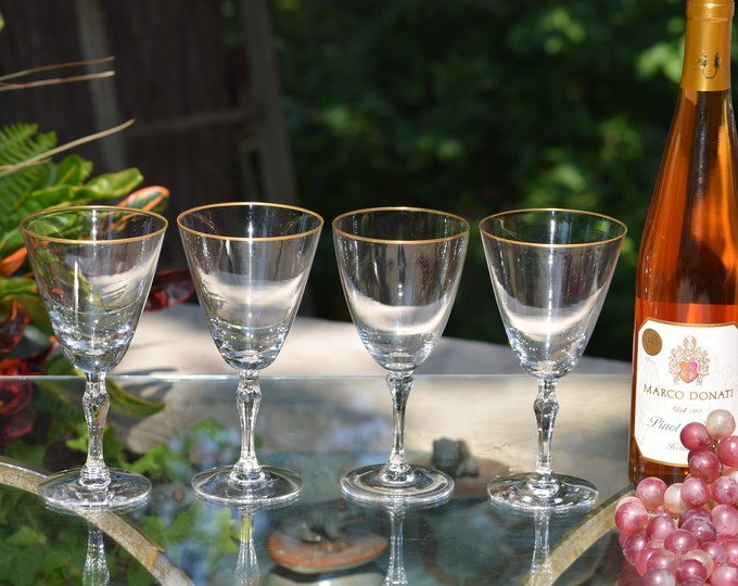 ELEGANT 4 Vintage GOLD Rimmed Wine Glasses,  Fostoria, Aurora, 1960's, Water Goblets, Vintage Wedding Wine Glasses, Gold Rim Glasses