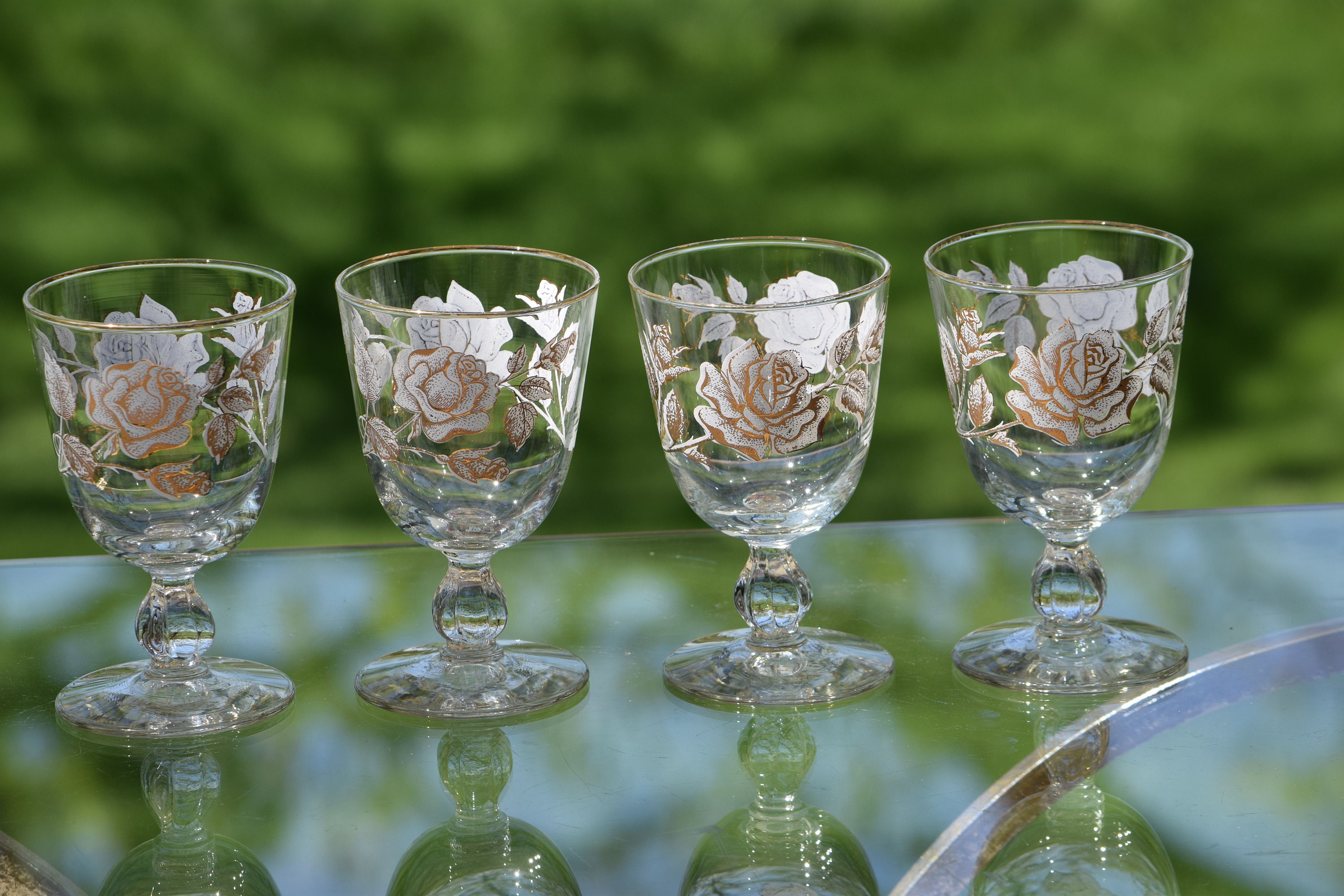 6 Vintage Cocktail Glasses with Gold and White Designs, Libbey