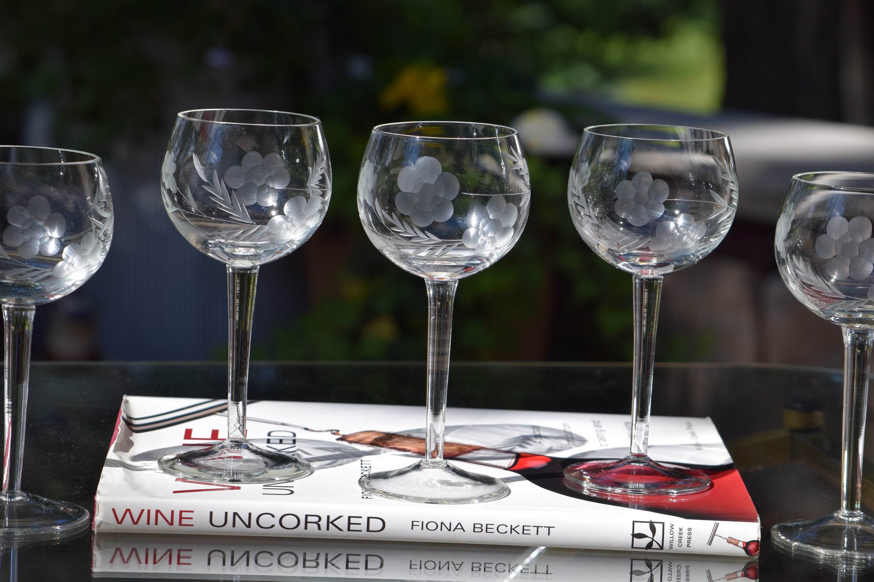 Particularly Large Wine Glasses Antique Etched Glass 6 French Glasses on a  High Stem Ca.1910 Chic Richly Etched Nice Gift for the Holidays 