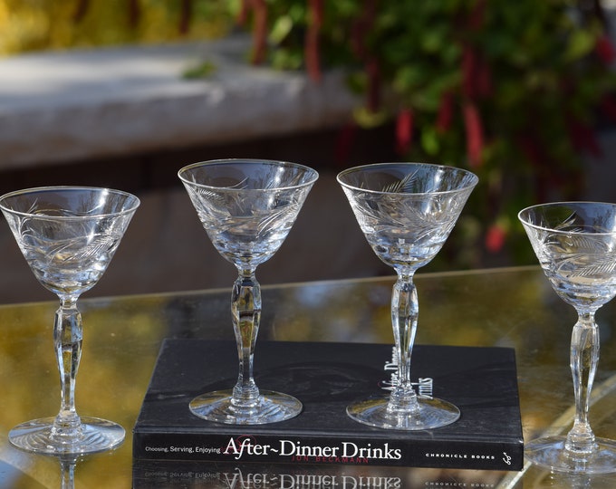 4 Vintage Etched Wine ~ Liqueur Glasses, Tiffin Franciscan, 1950's, 3 oz After Dinner Drinks ~ Aperitif ~ Mini Martini Cocktails, Glassware