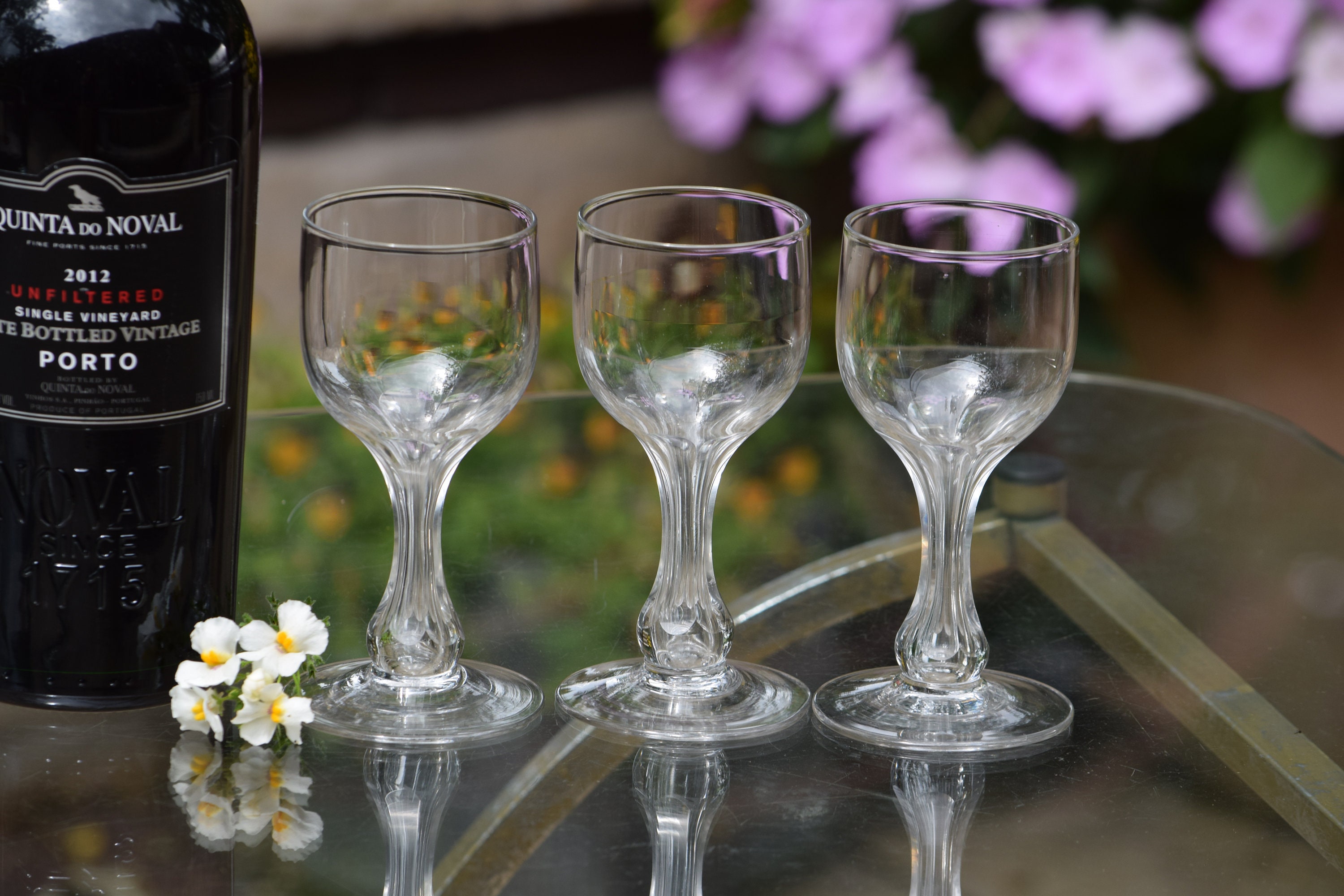 6 Vintage Hollow Stem Port Wine Glasses, 1960's, After Dinner