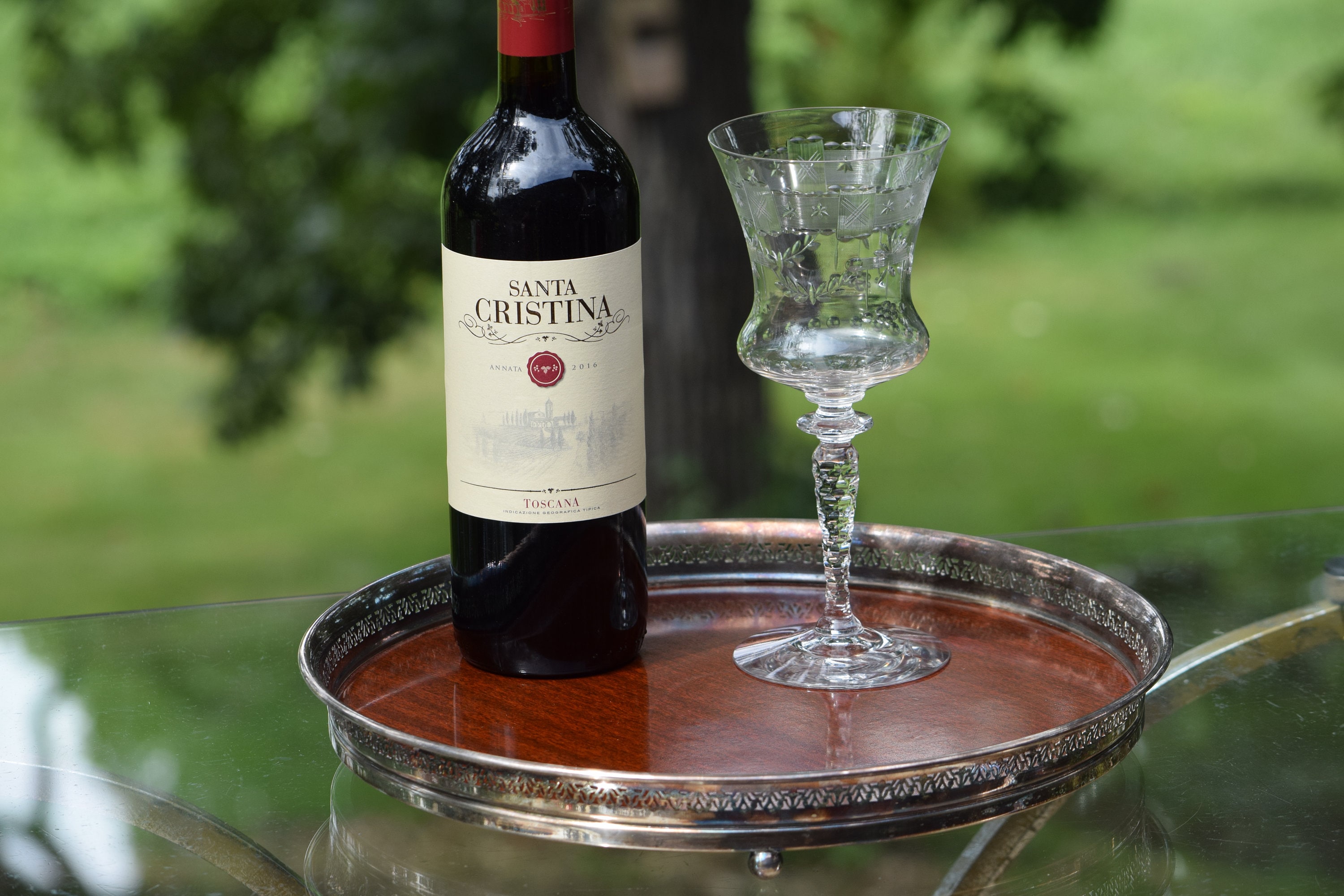 Vintage Silver Plate Wood Formica Cocktail Serving Tray, 12 3/4 Round