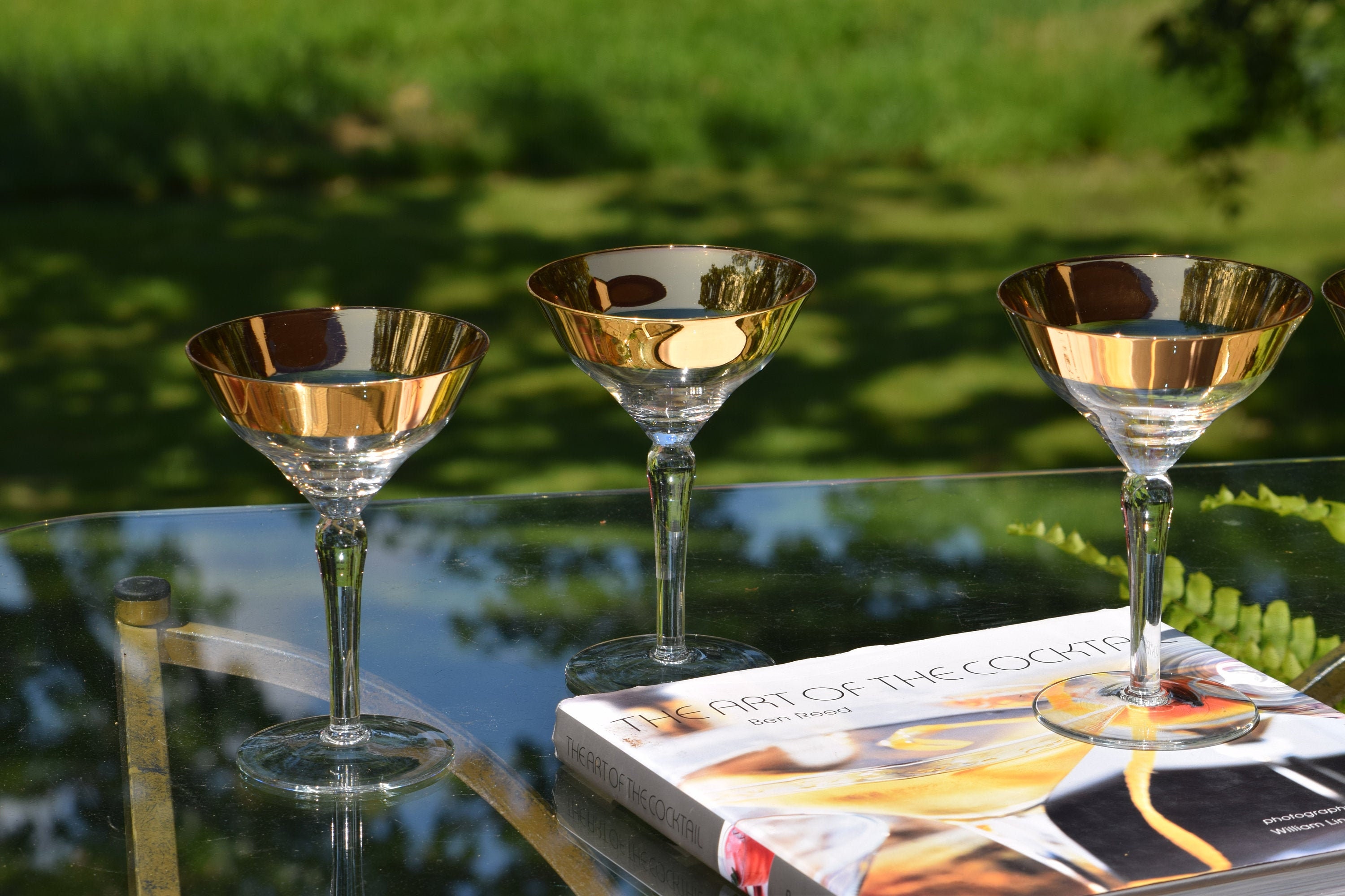 Vintage Gold Rim Cocktail Glasses, Set of 4, Gold Rimmed Martini glasses,  Bar Cart Cocktail Glasses, Champagne Toasting Glasses